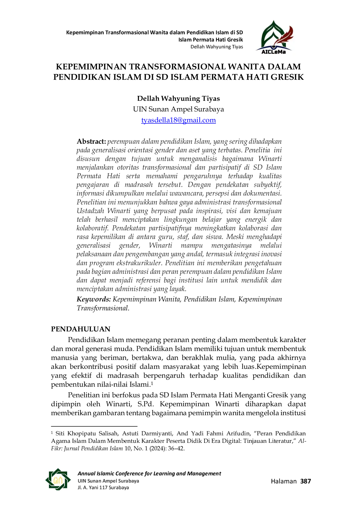 JURIS Kepemimpinan Transformasional Wanita dalam Pendidikan Islam di SD Islam Permata Hati Gresik