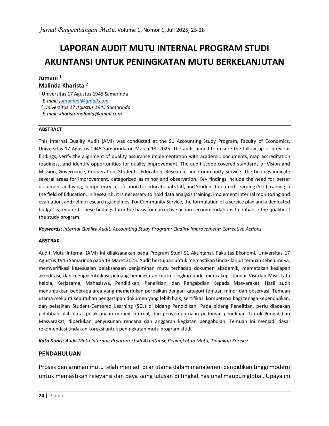 JURIS Laporan Audit Mutu Internal Program Studi Akuntansi untuk Peningkatan Mutu Berkelanjutan