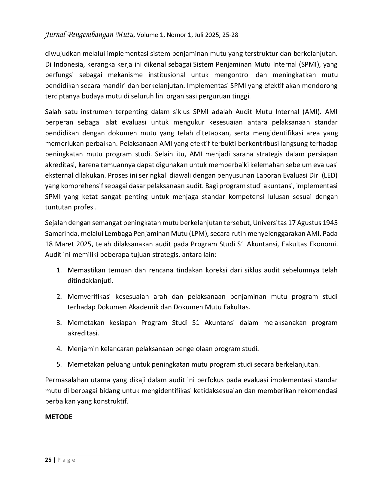 JURIS Laporan Audit Mutu Internal Program Studi Akuntansi untuk Peningkatan Mutu Berkelanjutan