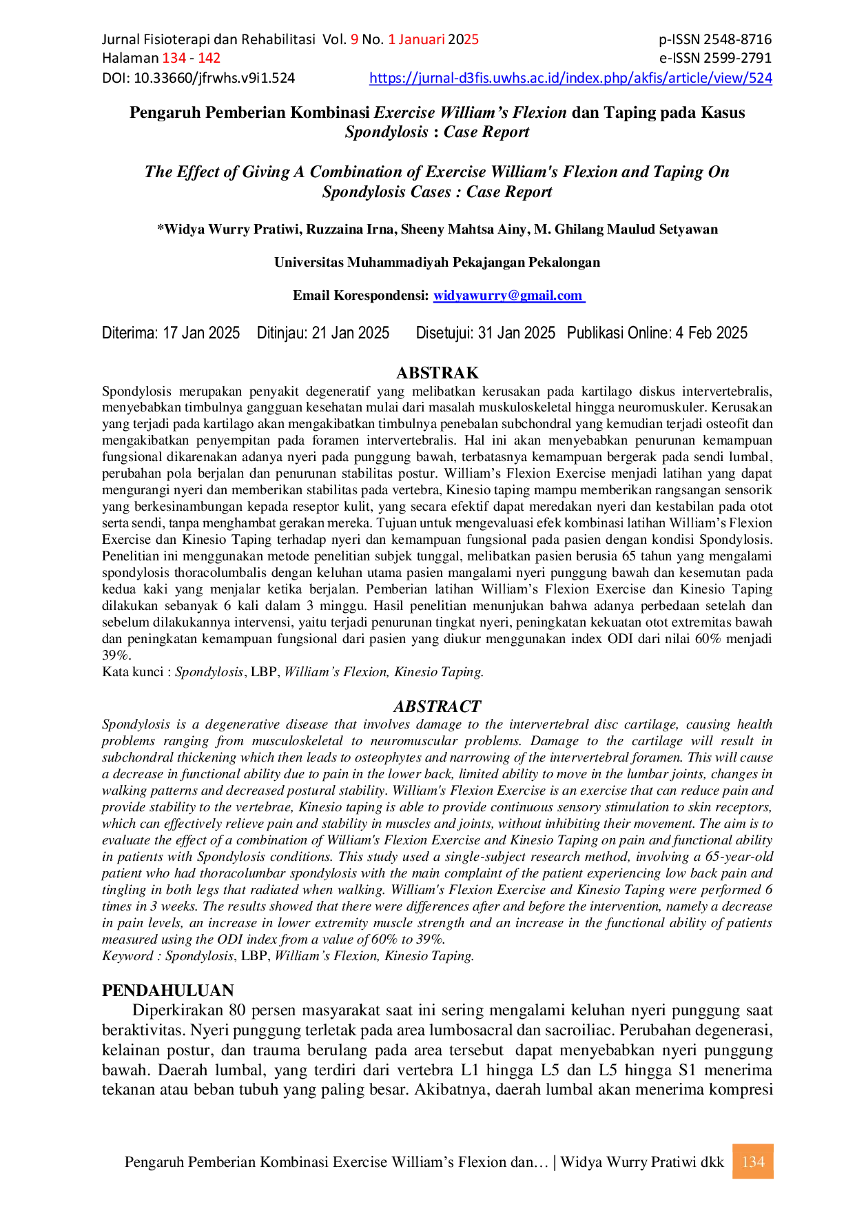 JURIS Pengaruh Pemberian Kombinasi Exercise William s Flexion dan Taping pada Kasus Spondylosis Case Report