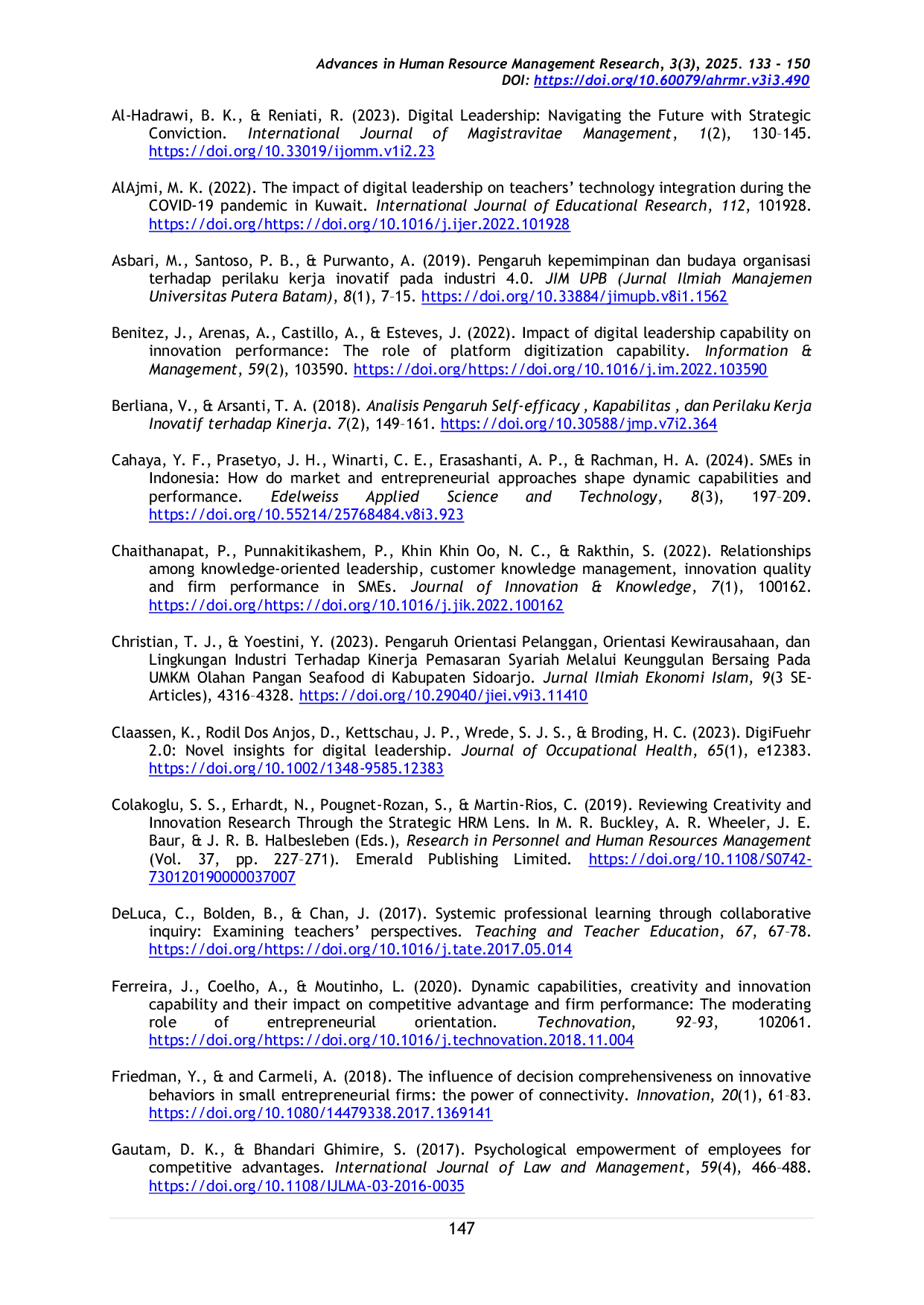 JURIS Increasing Competitive Advantage with Creativity and Innovation The Moderating Effect of Digital Leadership