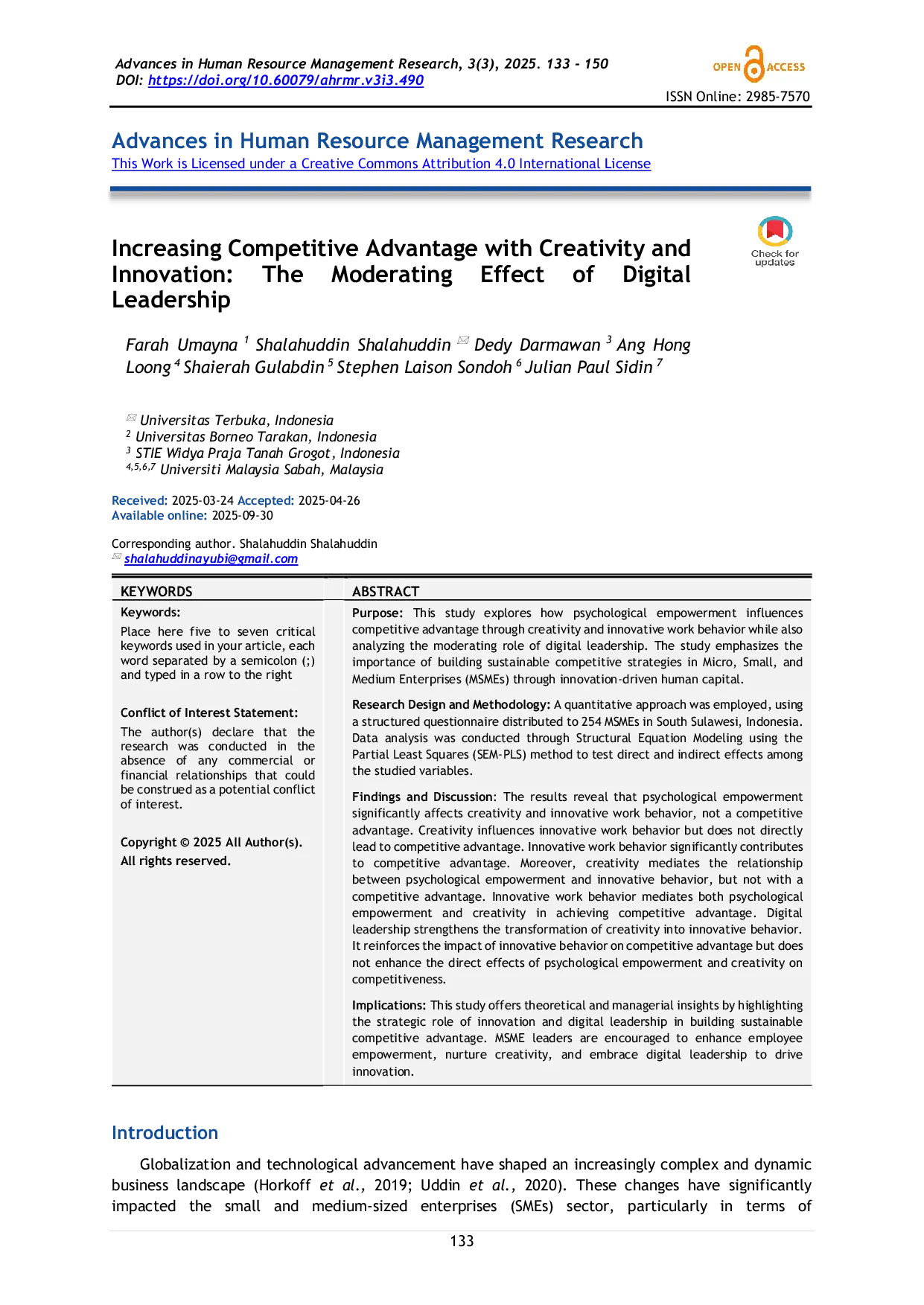 JURIS Increasing Competitive Advantage with Creativity and Innovation The Moderating Effect of Digital Leadership