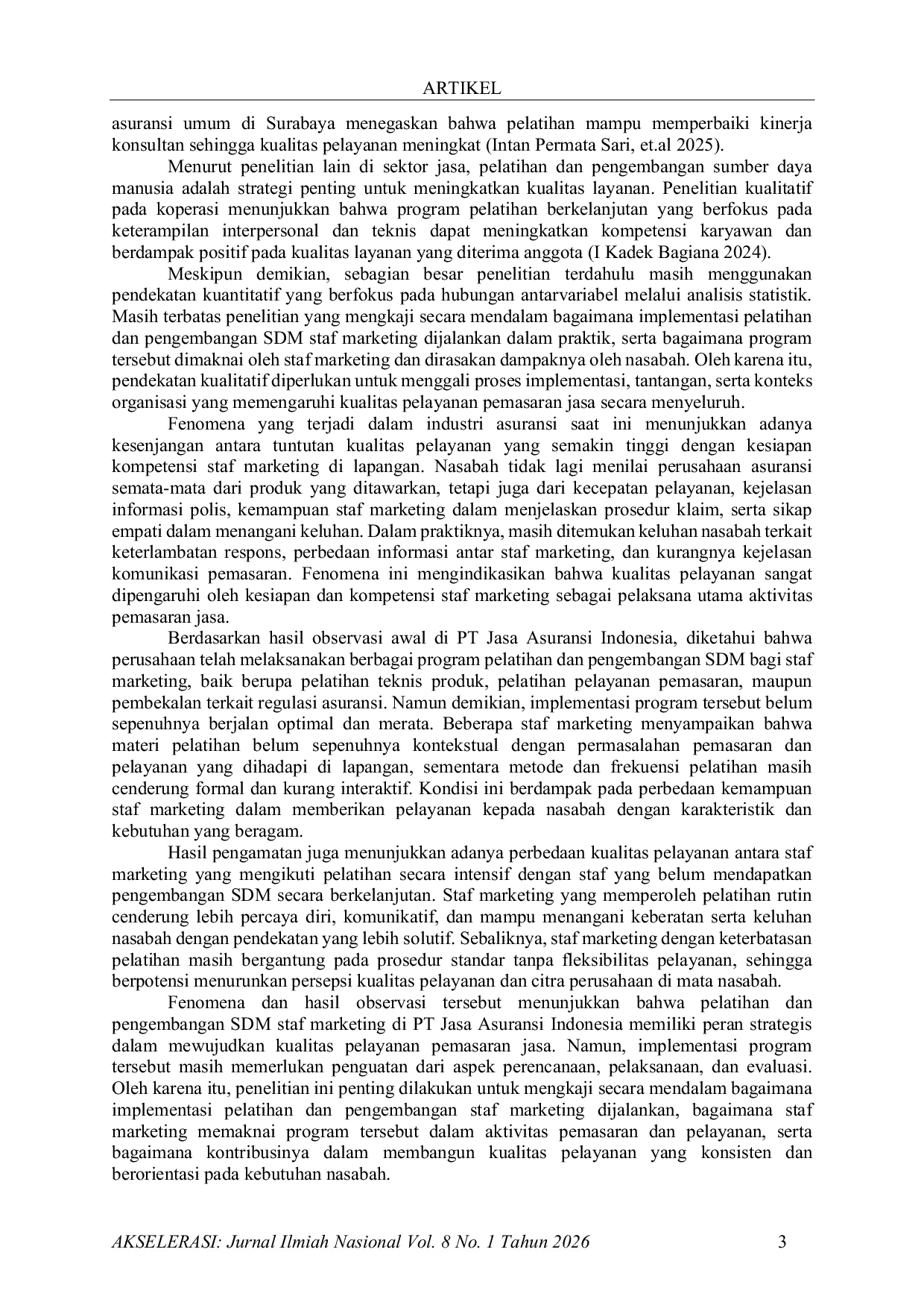 JURIS Implementasi Pelatihan dan Pengembangan Staf Marketing dalam Mewujudkan Kualitas Pelayanan pada PT Jasa Asuransi Indonesia