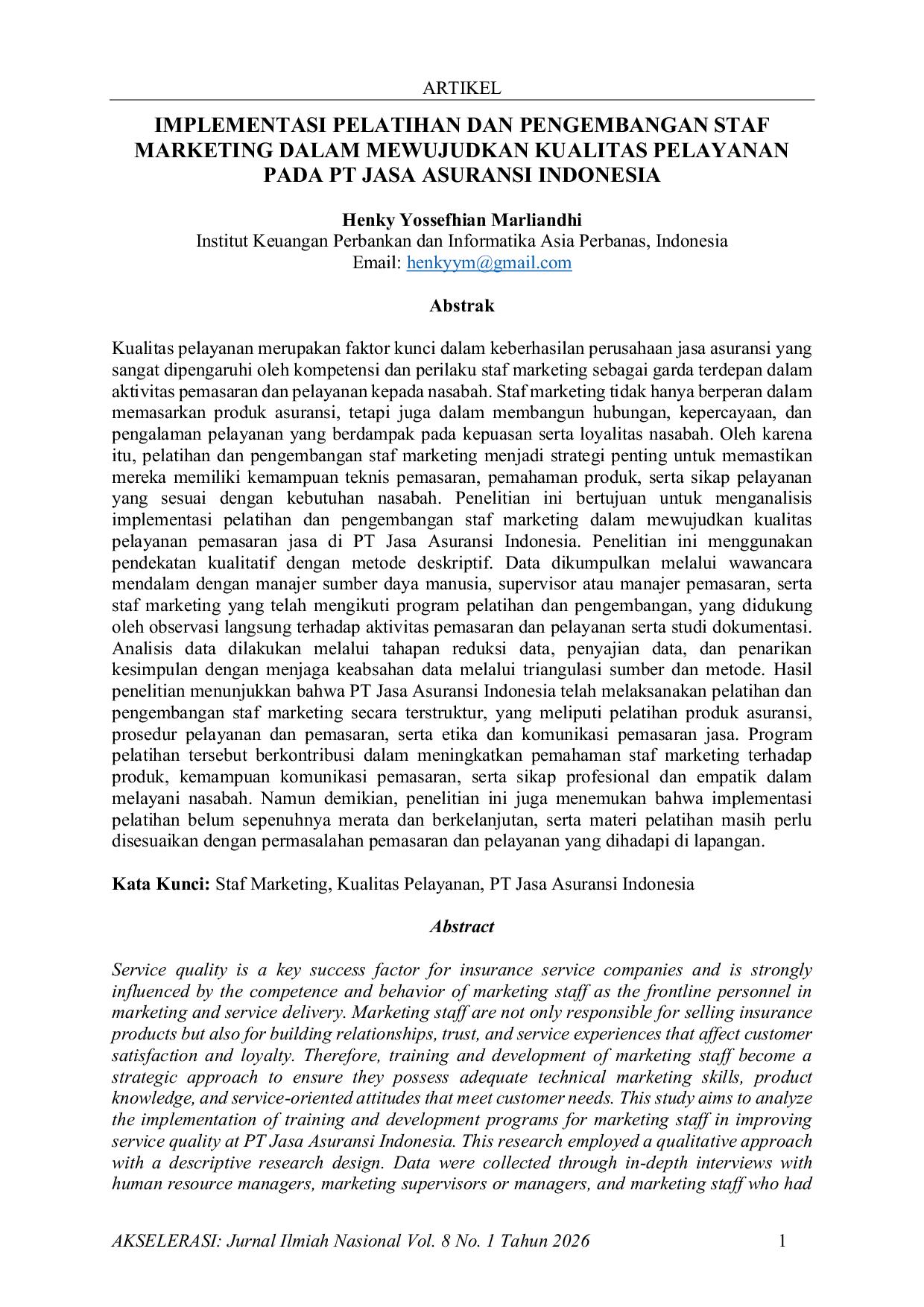 JURIS Implementasi Pelatihan dan Pengembangan Staf Marketing dalam Mewujudkan Kualitas Pelayanan pada PT Jasa Asuransi Indonesia