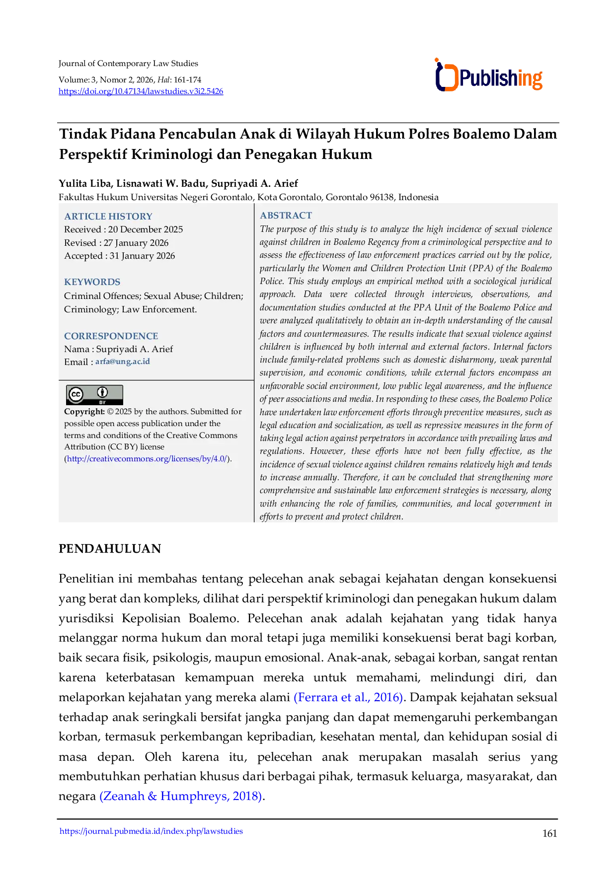 JURIS Tindak Pidana Pencabulan Anak di Wilayah Hukum Polres Boalemo Dalam Perspektif Kriminologi dan Penegakan Hukum