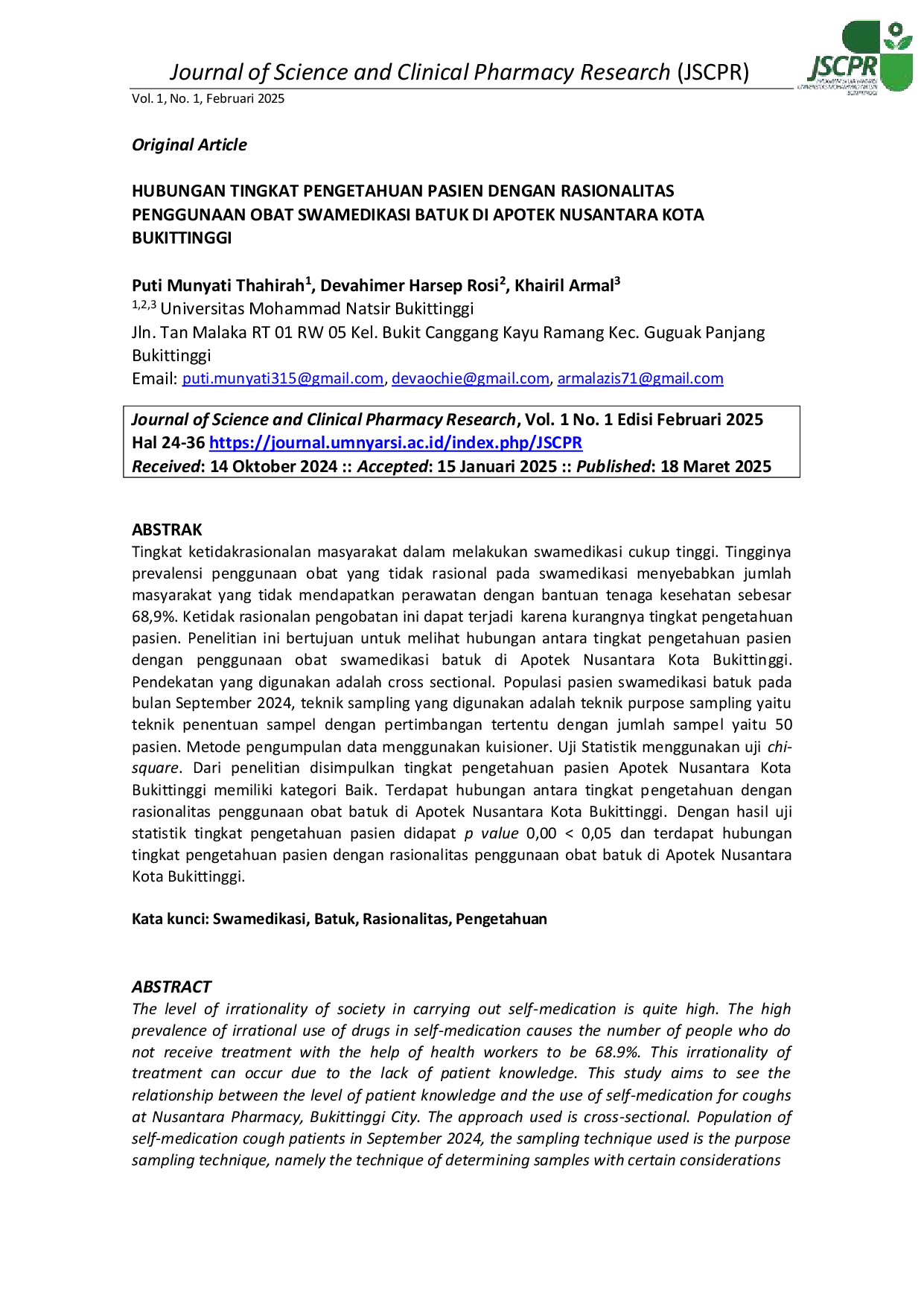 JURIS Hubungan Tingkat Pengetahuan Pasien dengan Rasionalitas Penggunaan Obat Swamedikasi Batuk di Apotek Nusantara Kota Bukittinggi