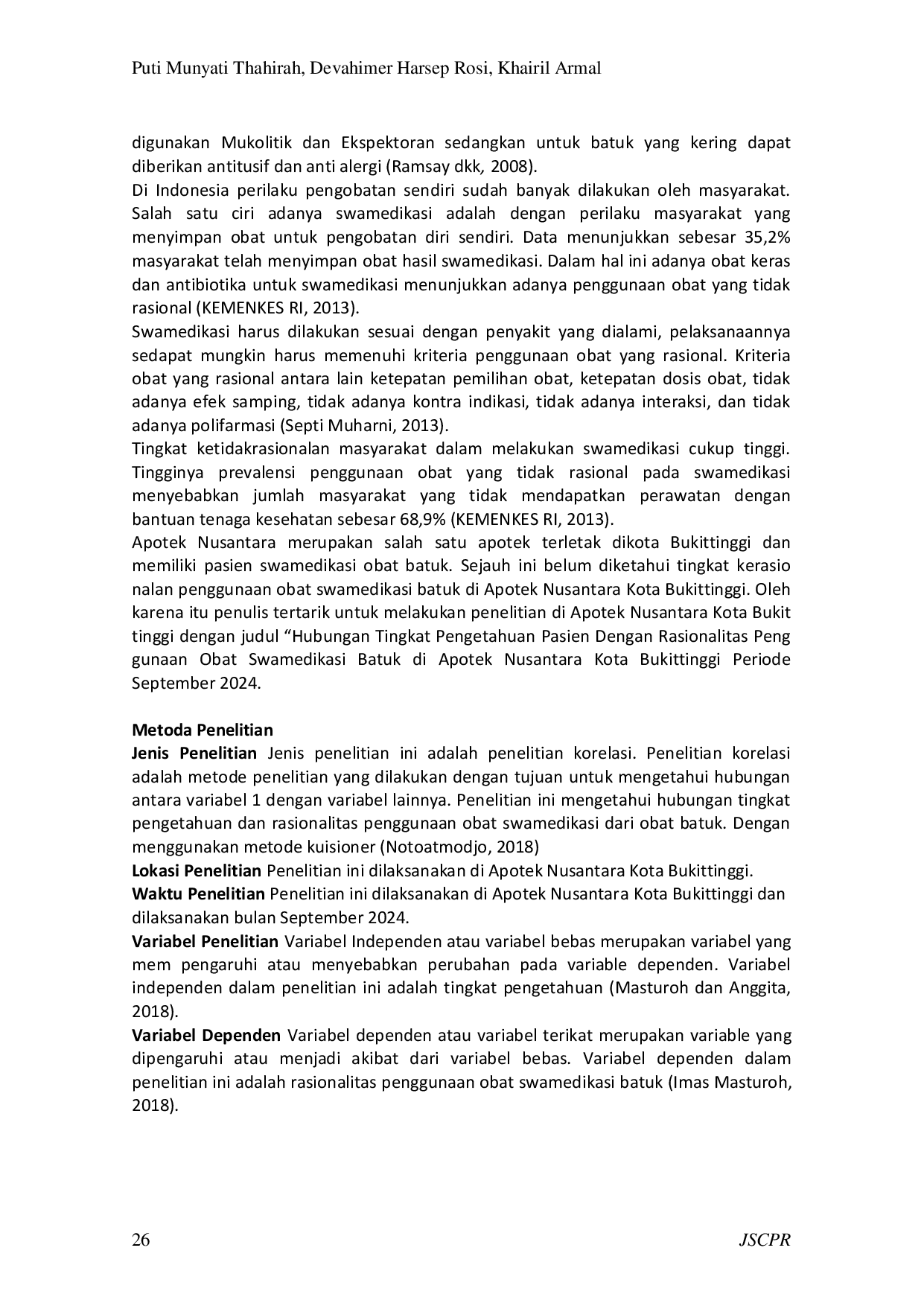 JURIS Hubungan Tingkat Pengetahuan Pasien dengan Rasionalitas Penggunaan Obat Swamedikasi Batuk di Apotek Nusantara Kota Bukittinggi