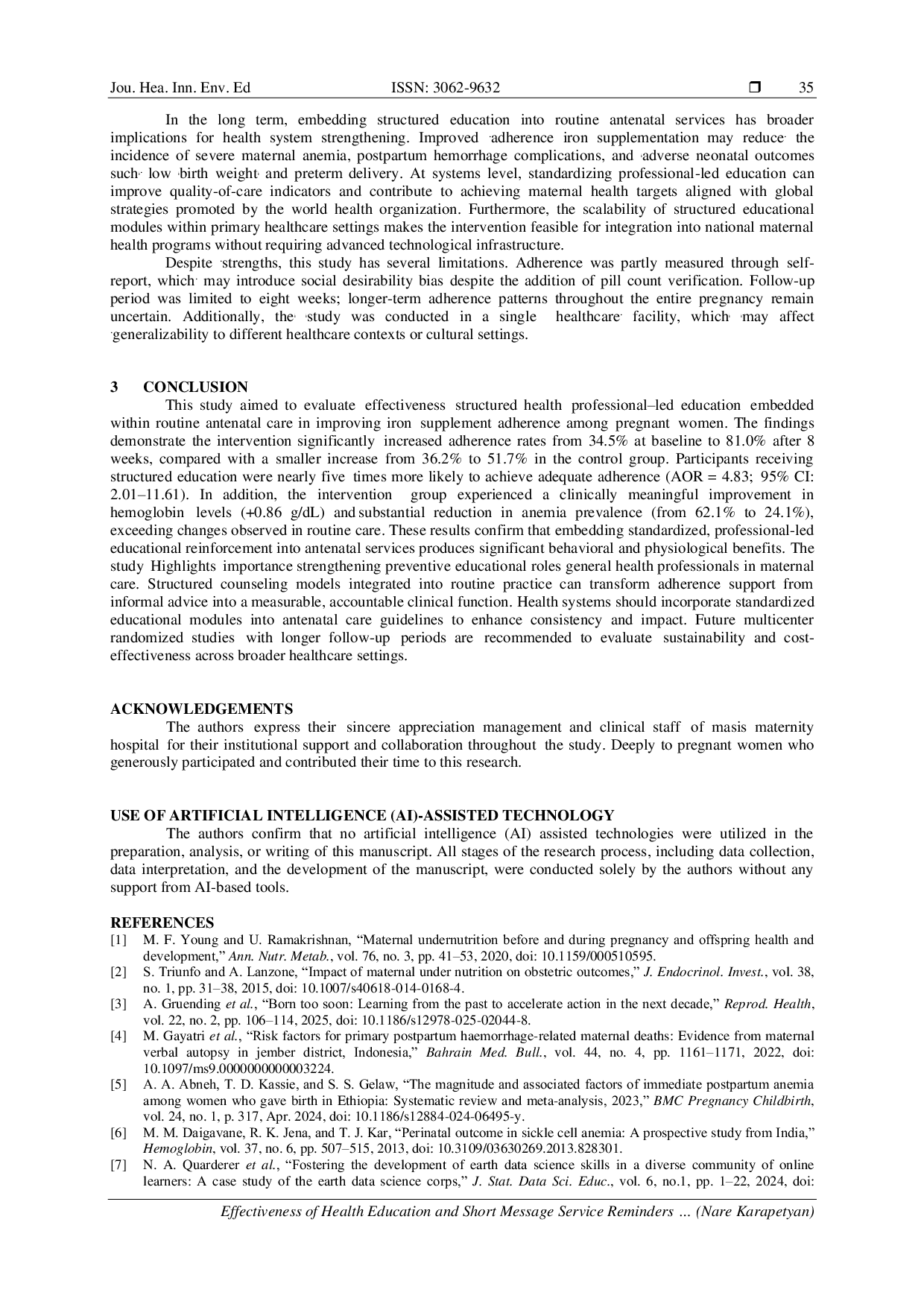 JURIS Effectiveness of Health Education and Short Message Service Reminders Reminders on Iron Supplement Adherence among Pregnant Women