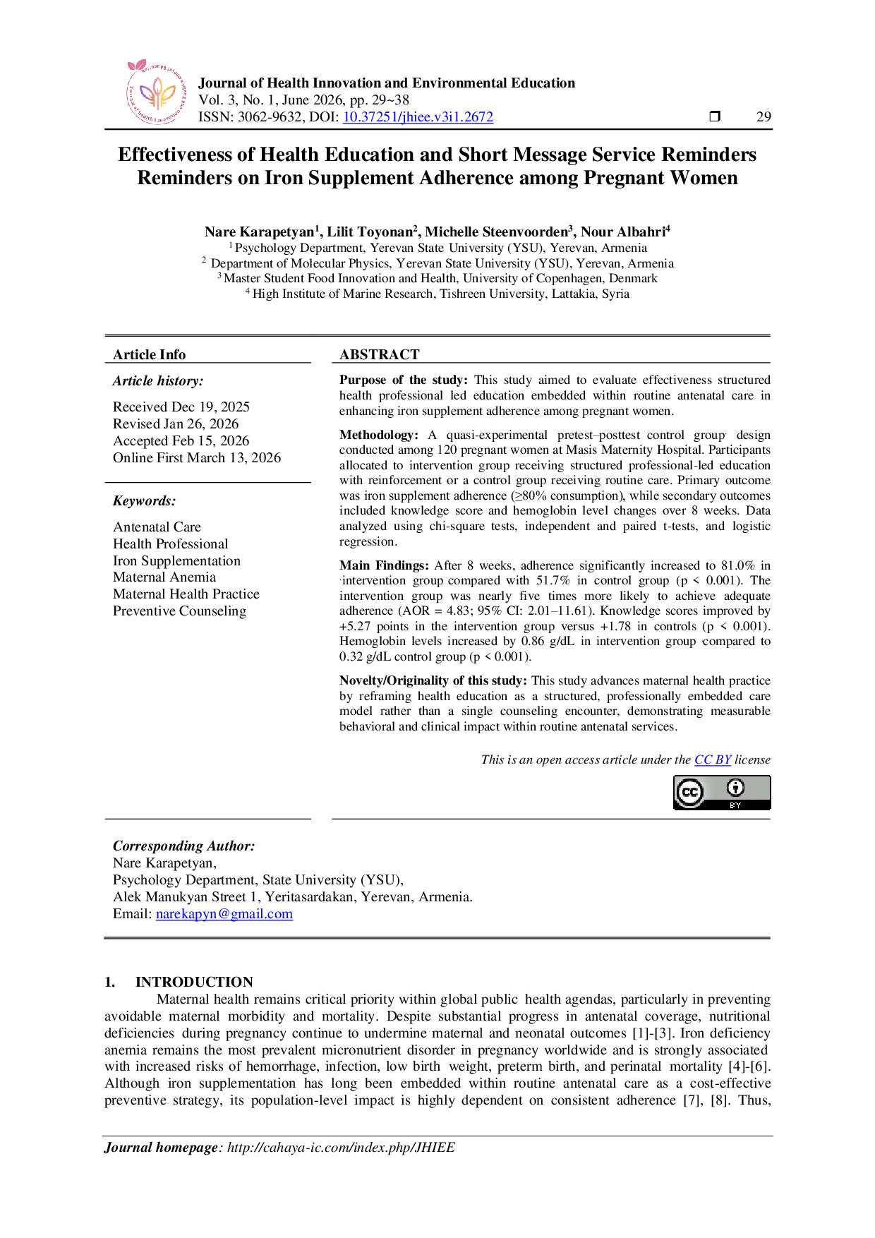 JURIS Effectiveness of Health Education and Short Message Service Reminders Reminders on Iron Supplement Adherence among Pregnant Women