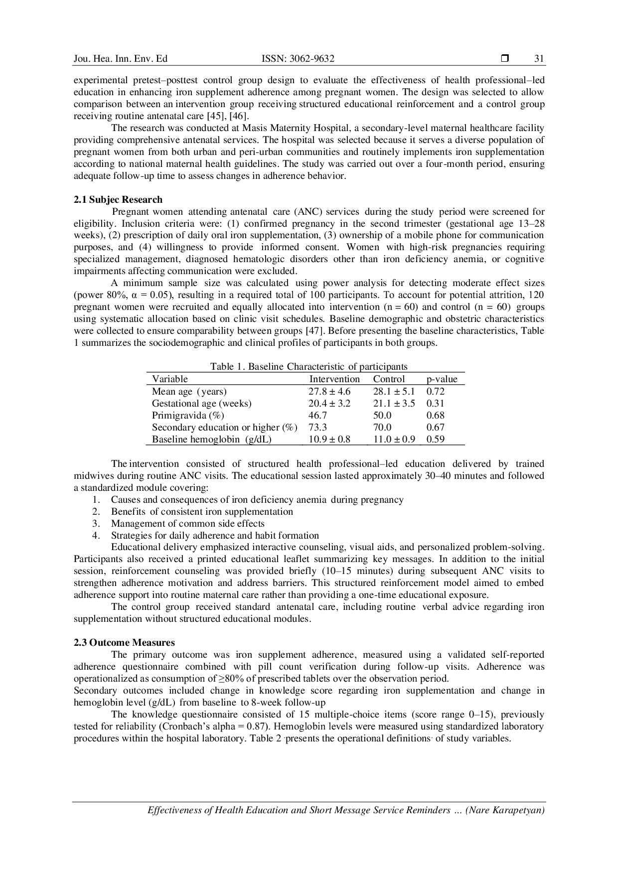 JURIS Effectiveness of Health Education and Short Message Service Reminders Reminders on Iron Supplement Adherence among Pregnant Women