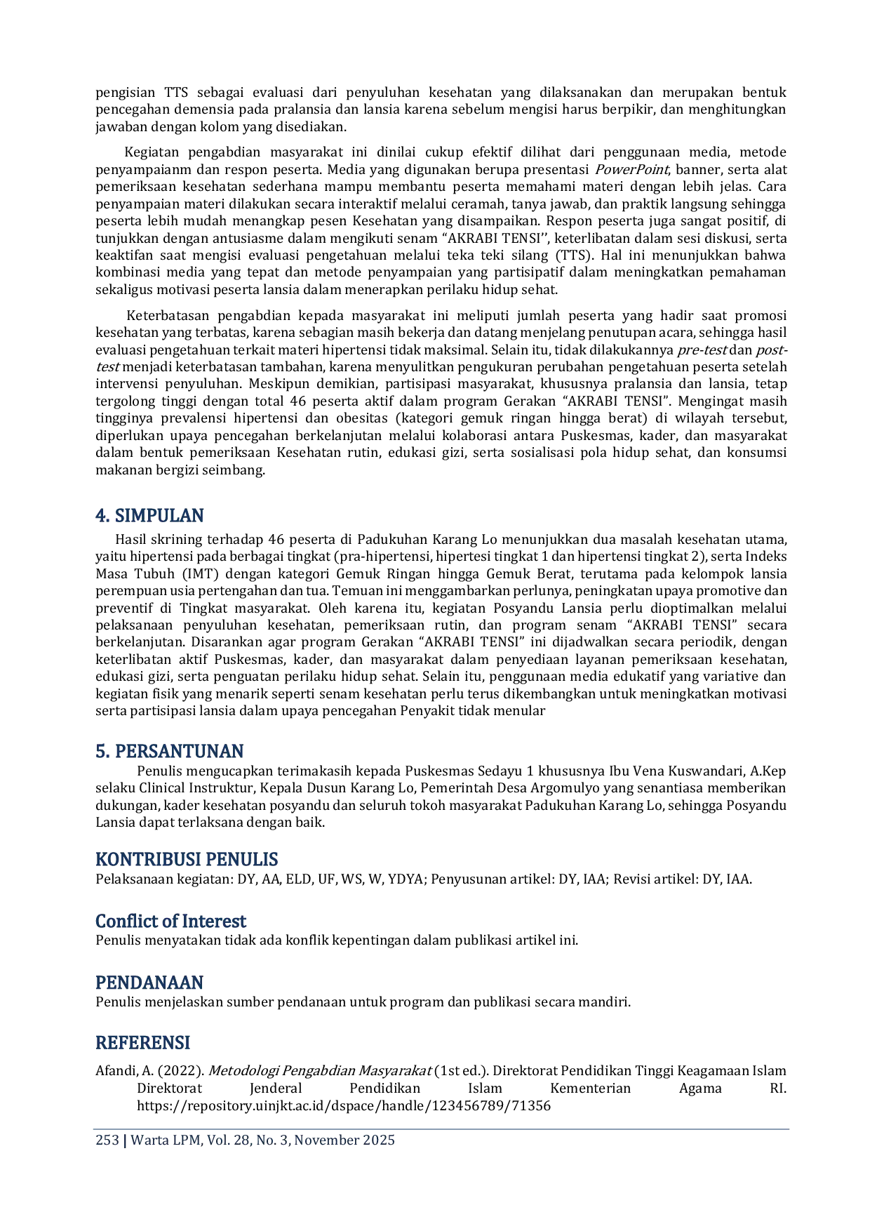 JURIS Body Mass Index Blood Pressure and Glucose Profiles in the AKRABI TENSI Exercise Program Screening and Prevention of Non Communicable Diseases