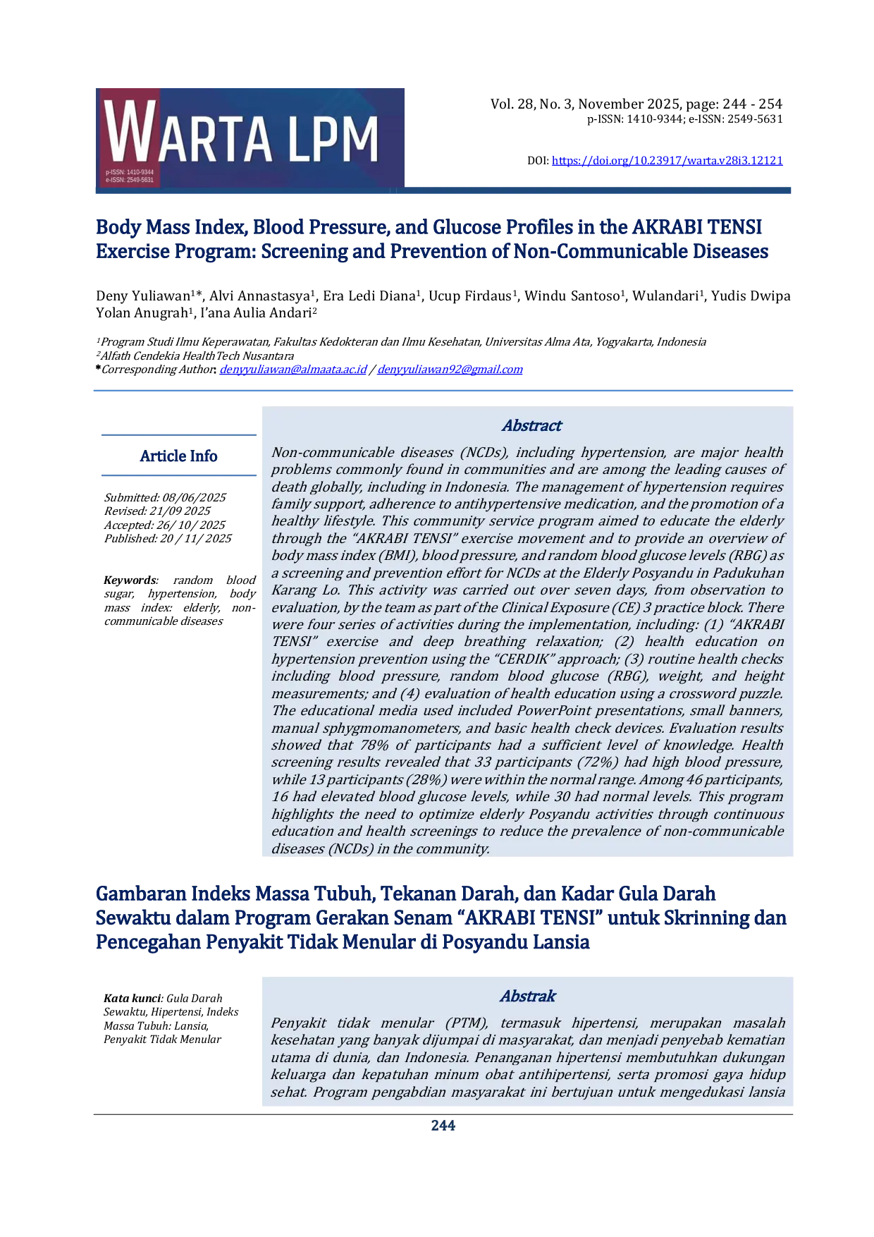 JURIS Body Mass Index Blood Pressure and Glucose Profiles in the AKRABI TENSI Exercise Program Screening and Prevention of Non Communicable Diseases
