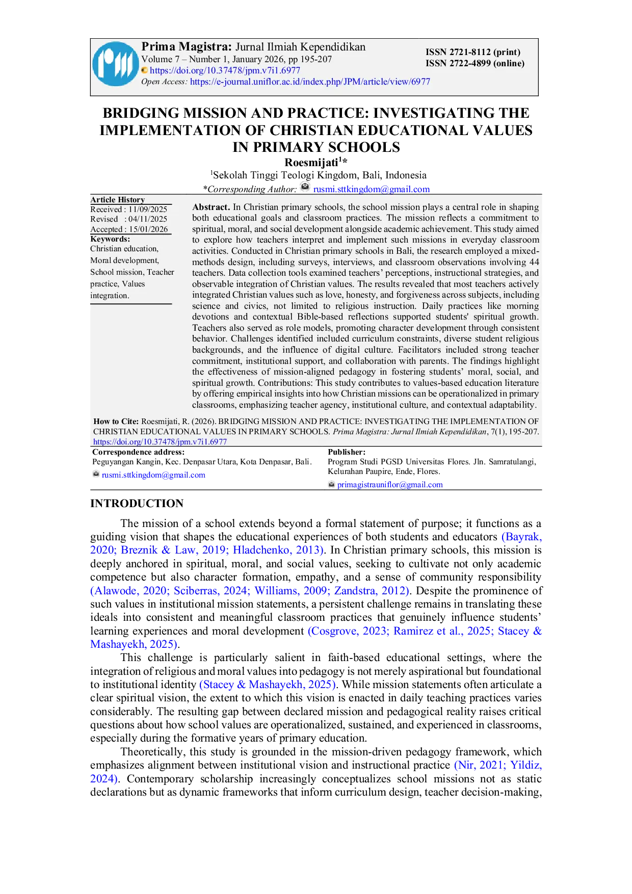 JURIS Bridging Mission and Practice Investigating the Implementation of Christian Educational Values in Primary Schools