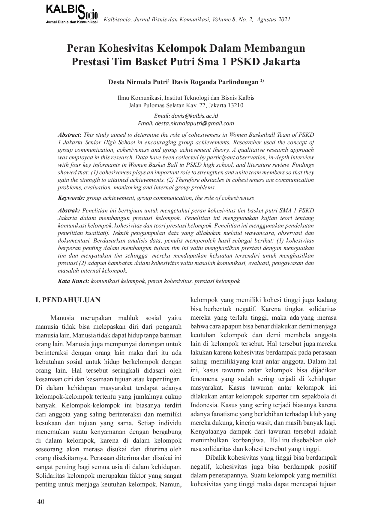 JURIS Peran Kohesivitas Kelompok Dalam Membangun Prestasi Tim Basket Putri Sma 1 Pskd Jakarta