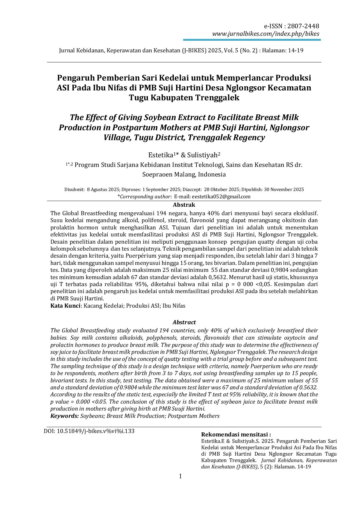 JURIS Pengaruh Pemberian Sari Kedelai untuk Memperlancar Produksi ASI Pada Ibu Nifas di PMB Suji Hartini Desa Nglongsor Kecamatan Tugu Kabupaten Trenggalek