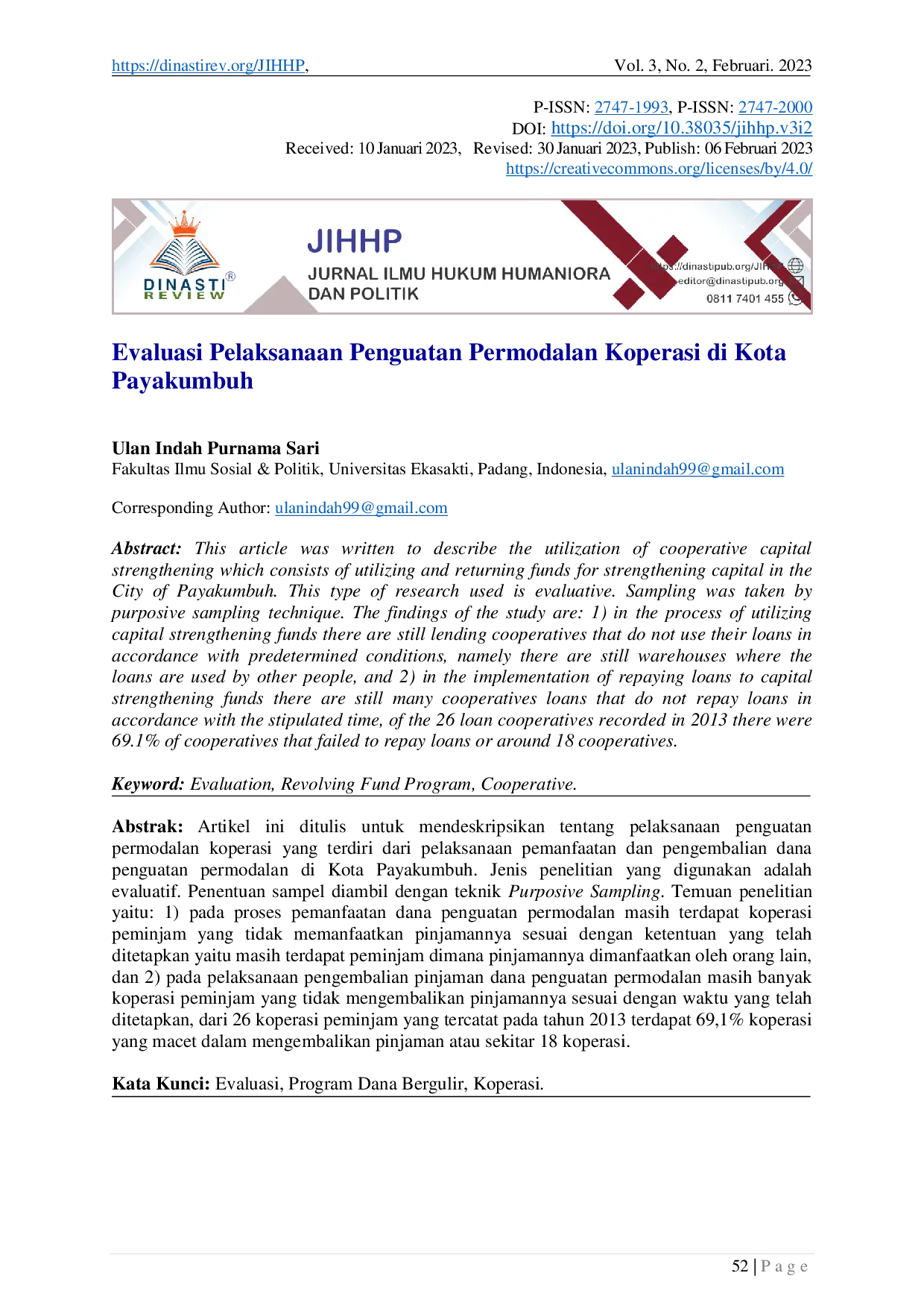 juris Evaluasi Pelaksanaan Penguatan Permodalan Koperasi di Kota Payakumbuh