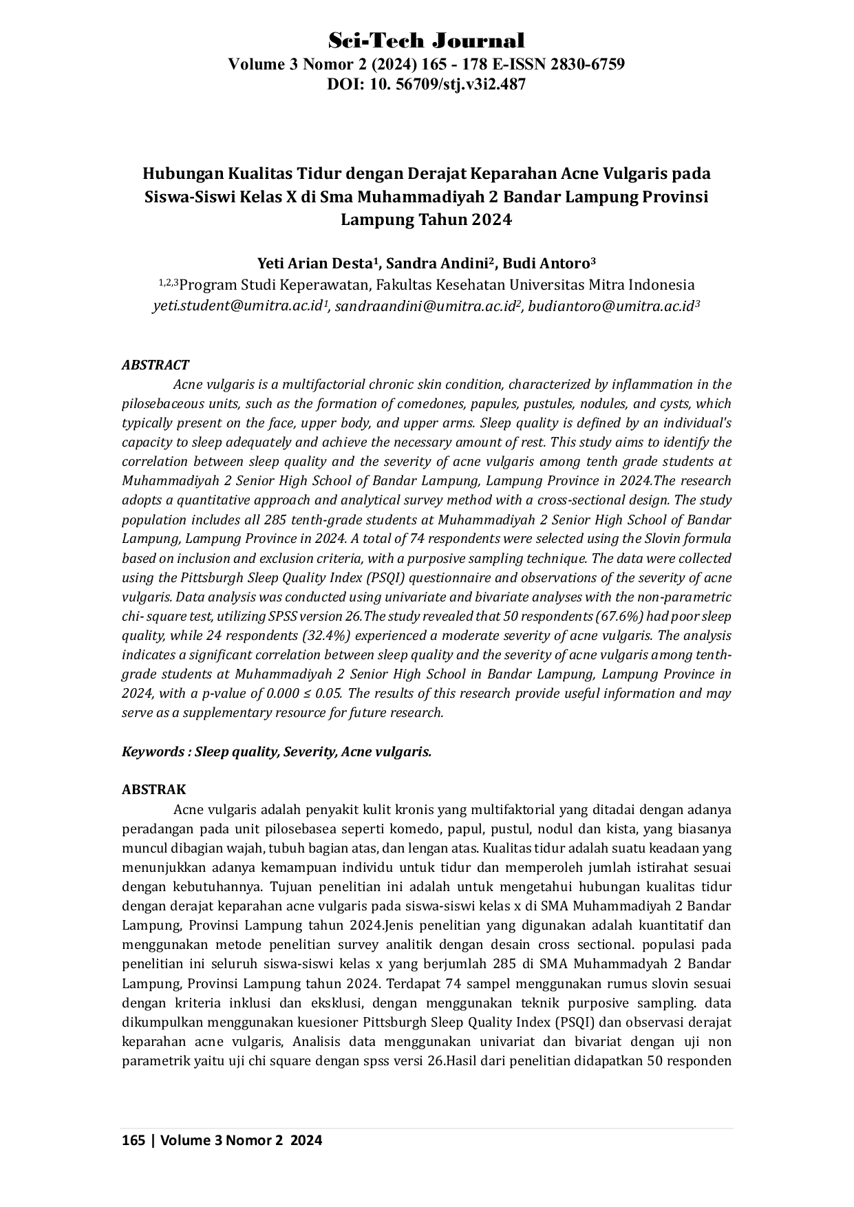 JURIS Hubungan Kualitas Tidur dengan Derajat Keparahan Acne Vulgaris pada Siswa Siswi Kelas X di Sma Muhammadiyah 2 Bandar Lampung Provinsi Lampung Tahun 2024