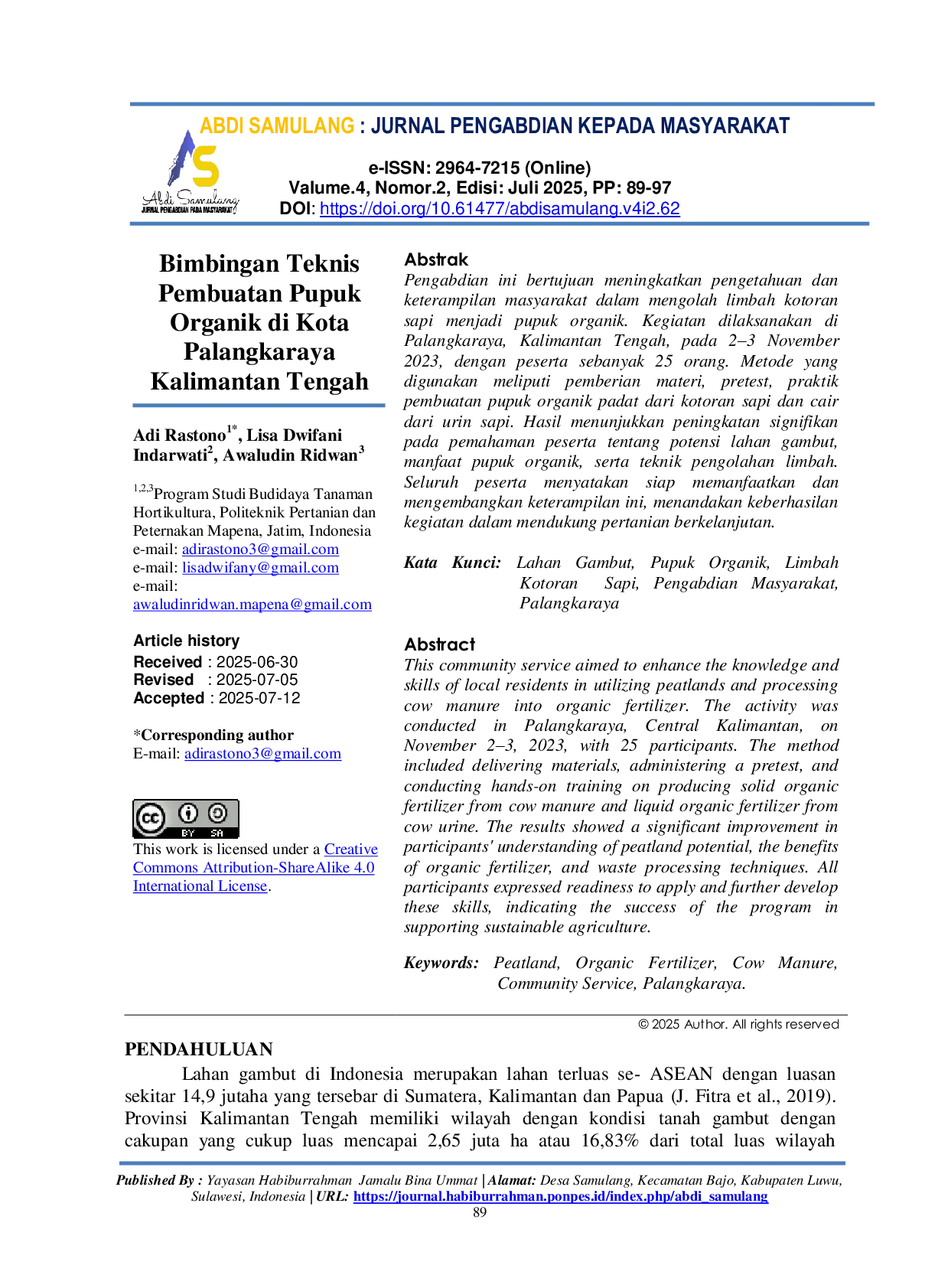 JURIS Bimbingan Teknis Pembuatan Pupuk Organik di Kota Palangkaraya Kalimantan Tengah