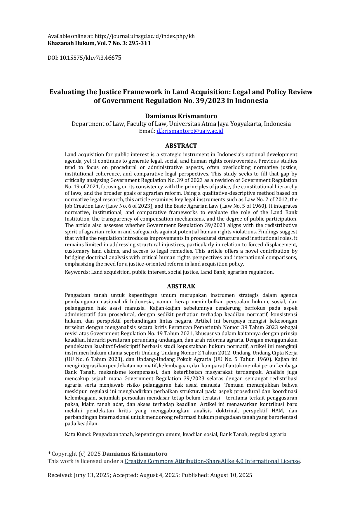 JURIS Evaluating the Justice Framework in Land Acquisition Legal and Policy Review of Government Regulation No 39 2023 in Indonesia