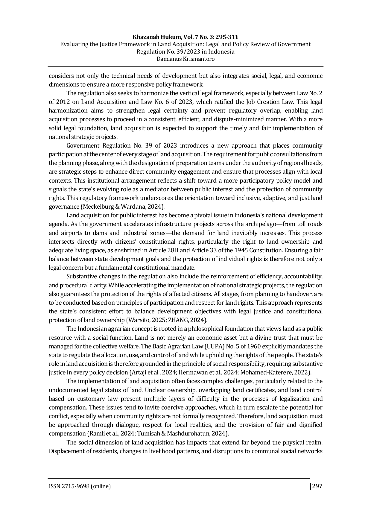 JURIS Evaluating the Justice Framework in Land Acquisition Legal and Policy Review of Government Regulation No 39 2023 in Indonesia