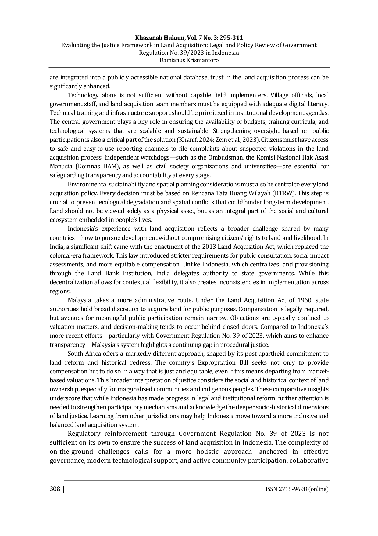 JURIS Evaluating the Justice Framework in Land Acquisition Legal and Policy Review of Government Regulation No 39 2023 in Indonesia