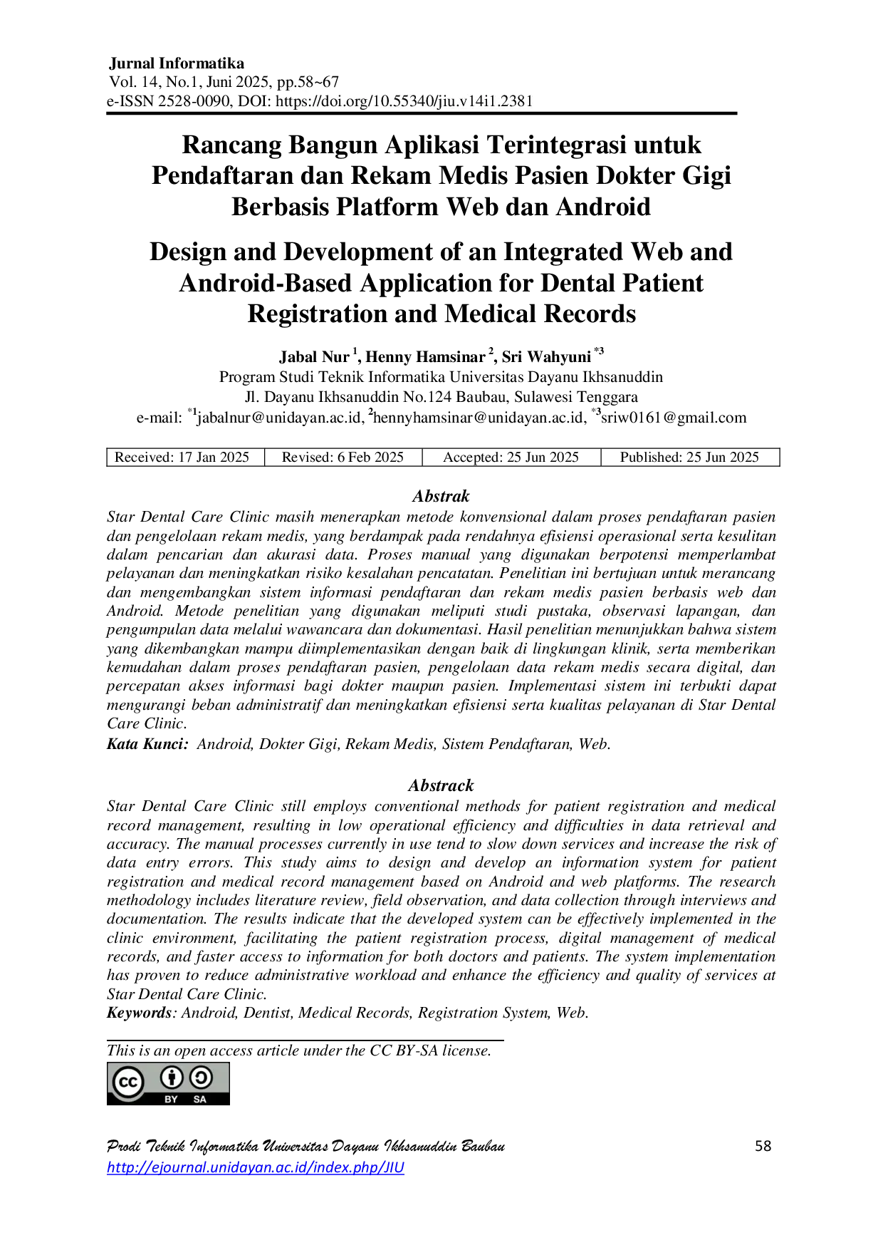 JURIS Rancang Bangun Aplikasi Terintegrasi untuk Pendaftaran dan Rekam Medis Pasien Dokter Gigi Berbasis Platform Web dan Android