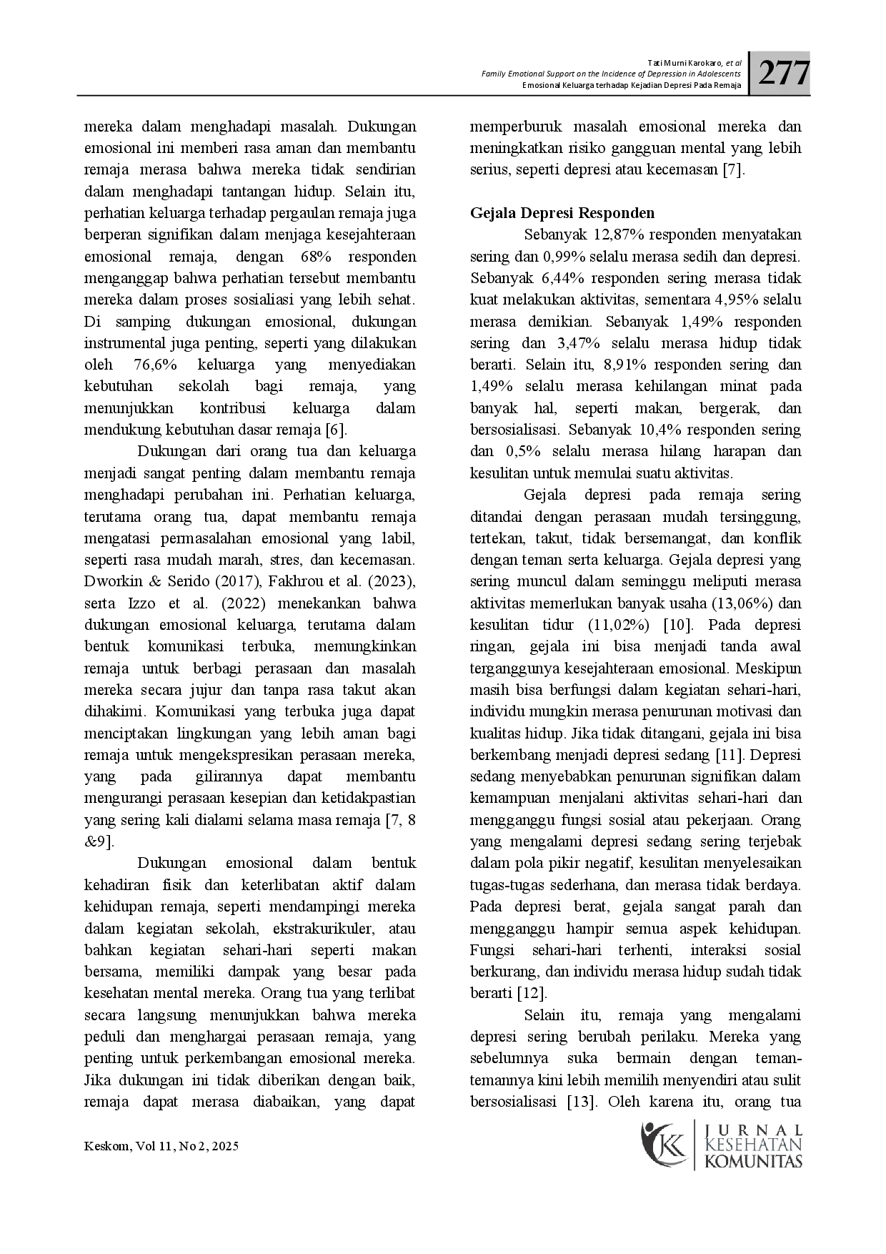 juris Hubungan Dukungan Emosional Keluarga terhadap Kejadian Depresi pada Remaja
