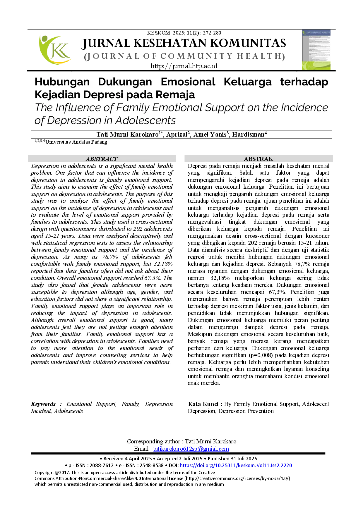 juris Hubungan Dukungan Emosional Keluarga terhadap Kejadian Depresi pada Remaja