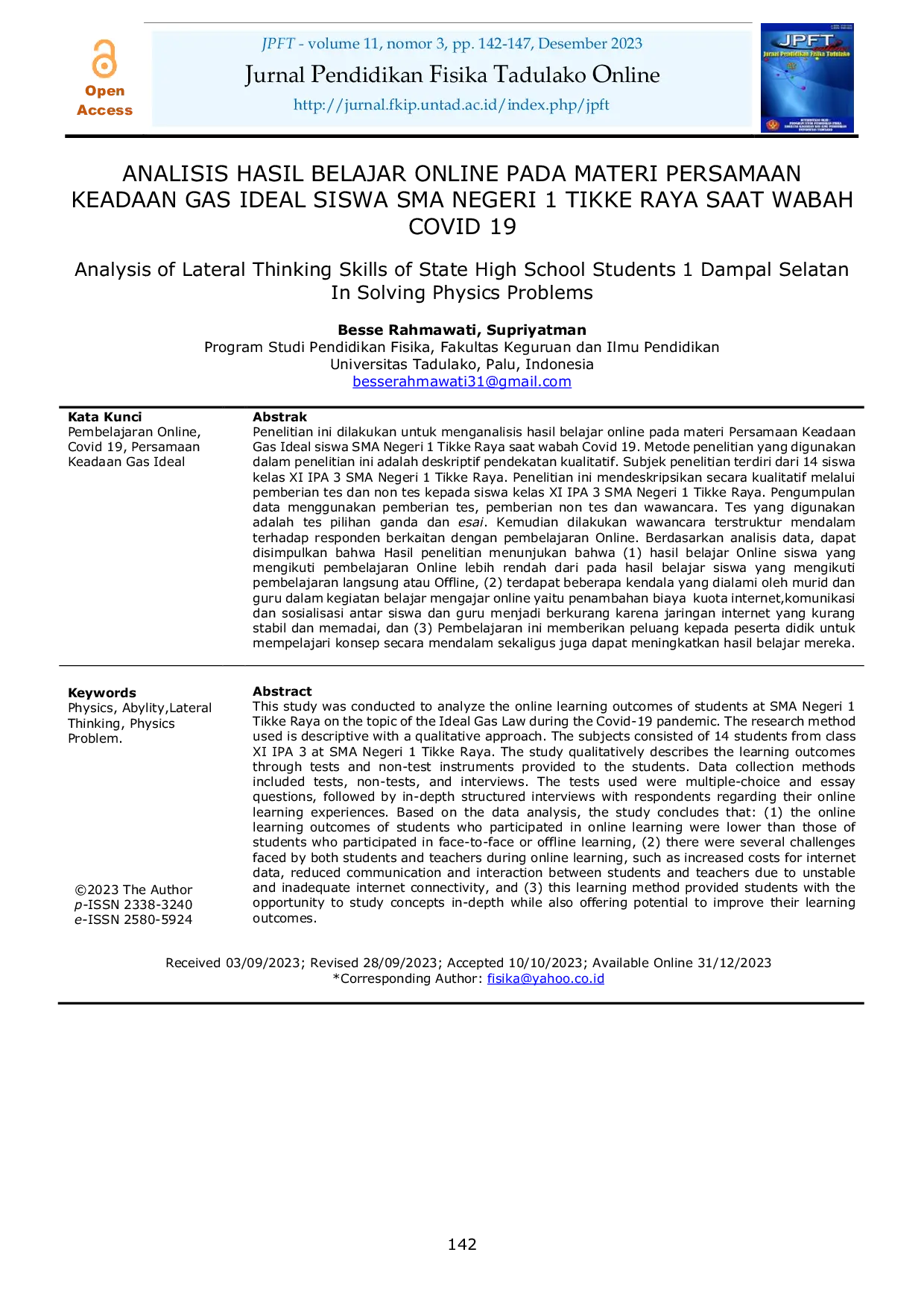 JURIS Analisis Hasil Belajar Online Pada Materi Persamaan Keadaan Gas Ideal Siswa Sma Negeri 1 Tikke Raya Saat Wabah Covid 19