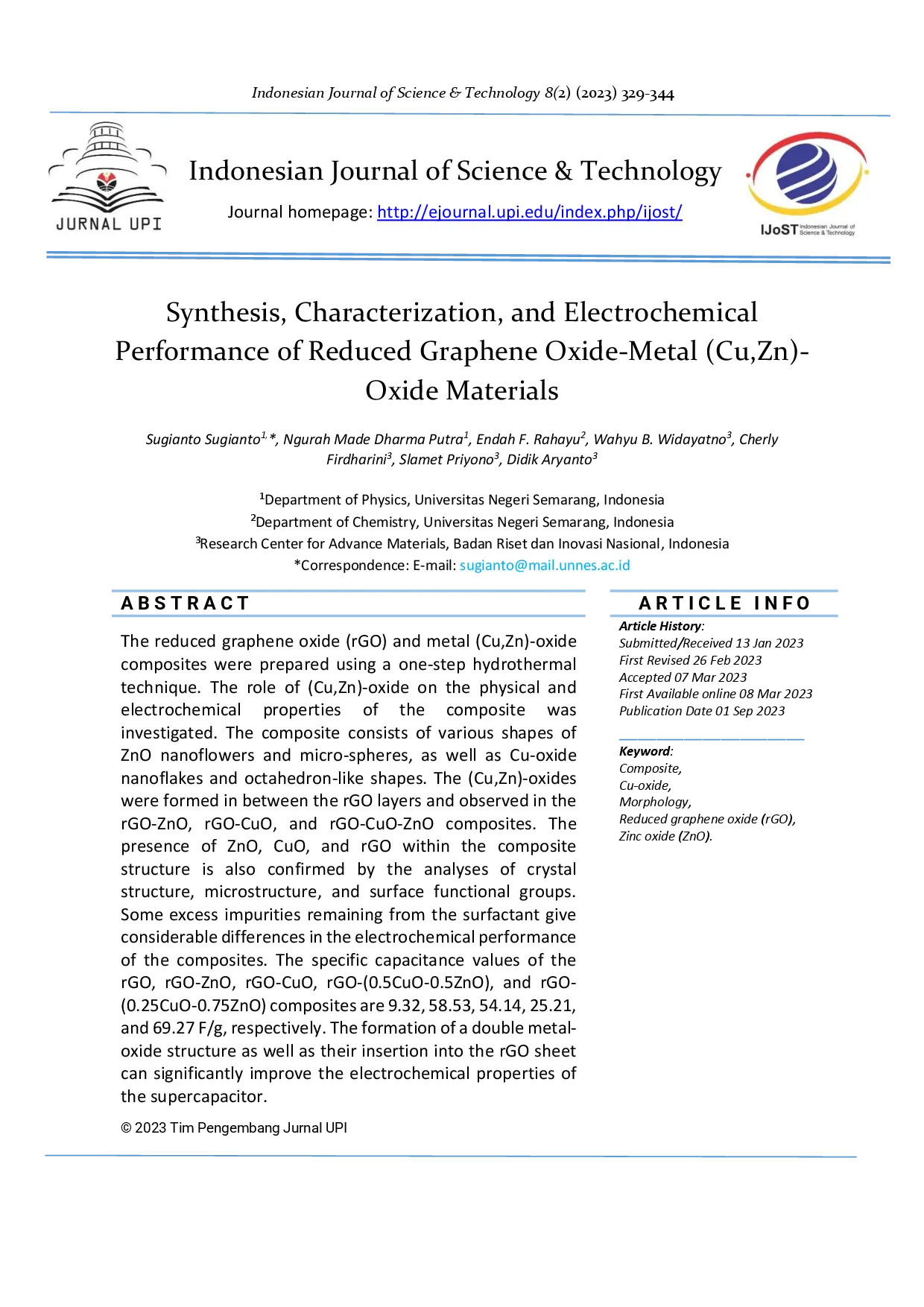 juris Synthesis Characterization and Electrochemical Performance of Reduced Graphene Oxide Metal Cu Zn Oxide Materials
