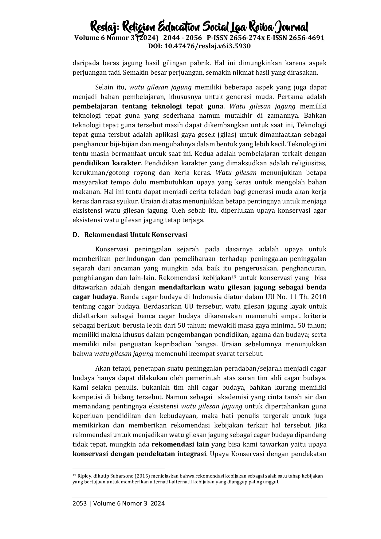 JURIS Watu Gilesan Jagung Deskripsi Eksistensi Nilai Edukasi dan Rekomendasi Kebijakan Konservasi