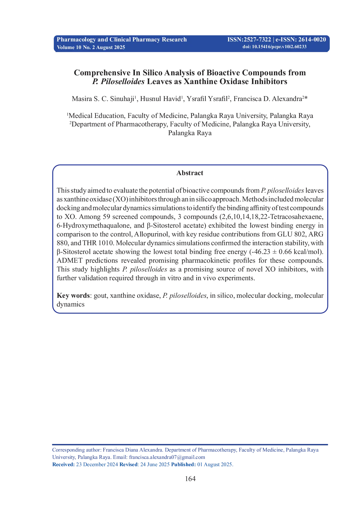 JURIS Comprehensive In Silico Analysis Of Bioactive Compounds From Pyrrosia piloselloides Leaves As Xanthine Oxidase Inhibitors