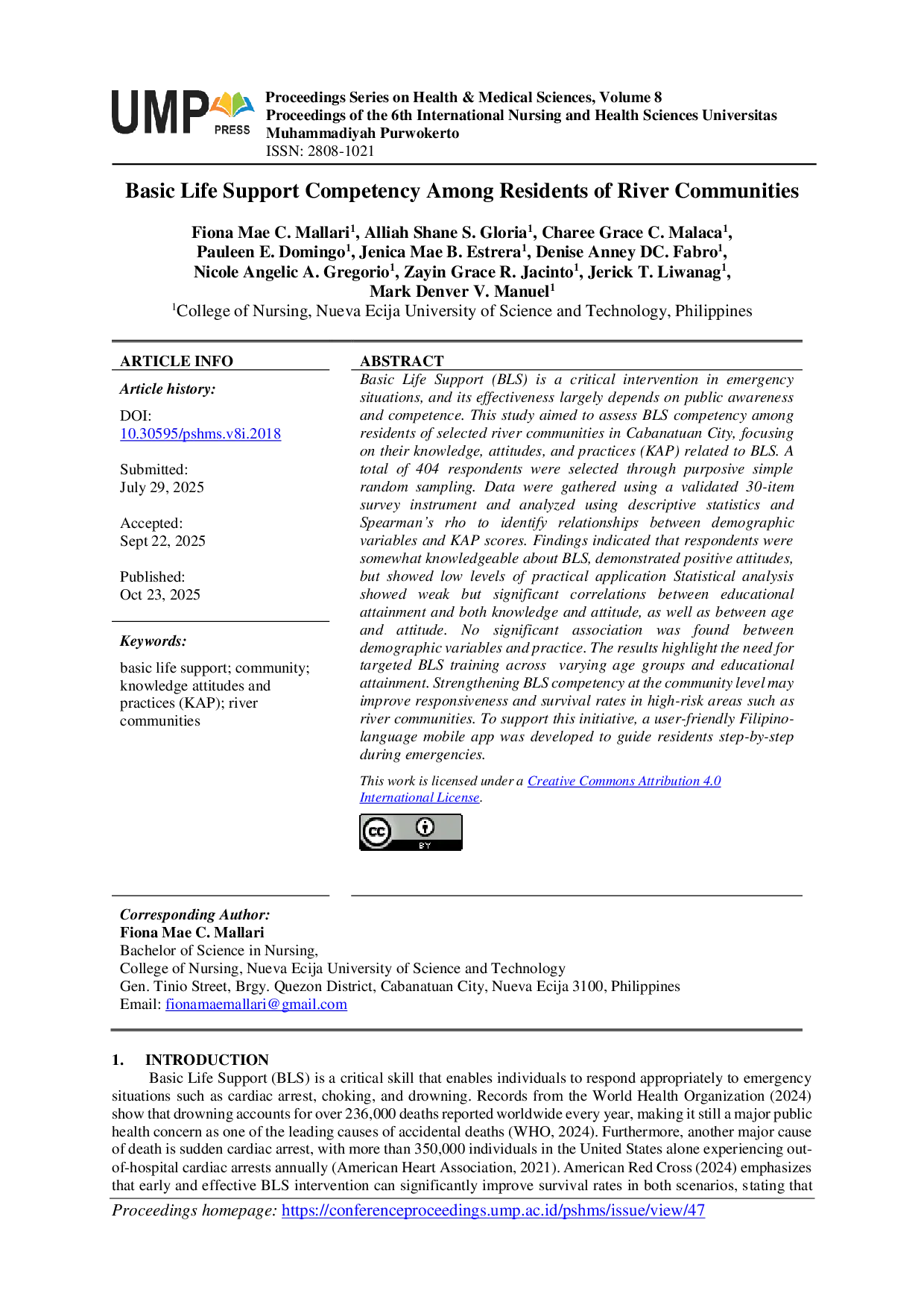 JURIS Basic Life Support Competency Among Residents of River Communities
