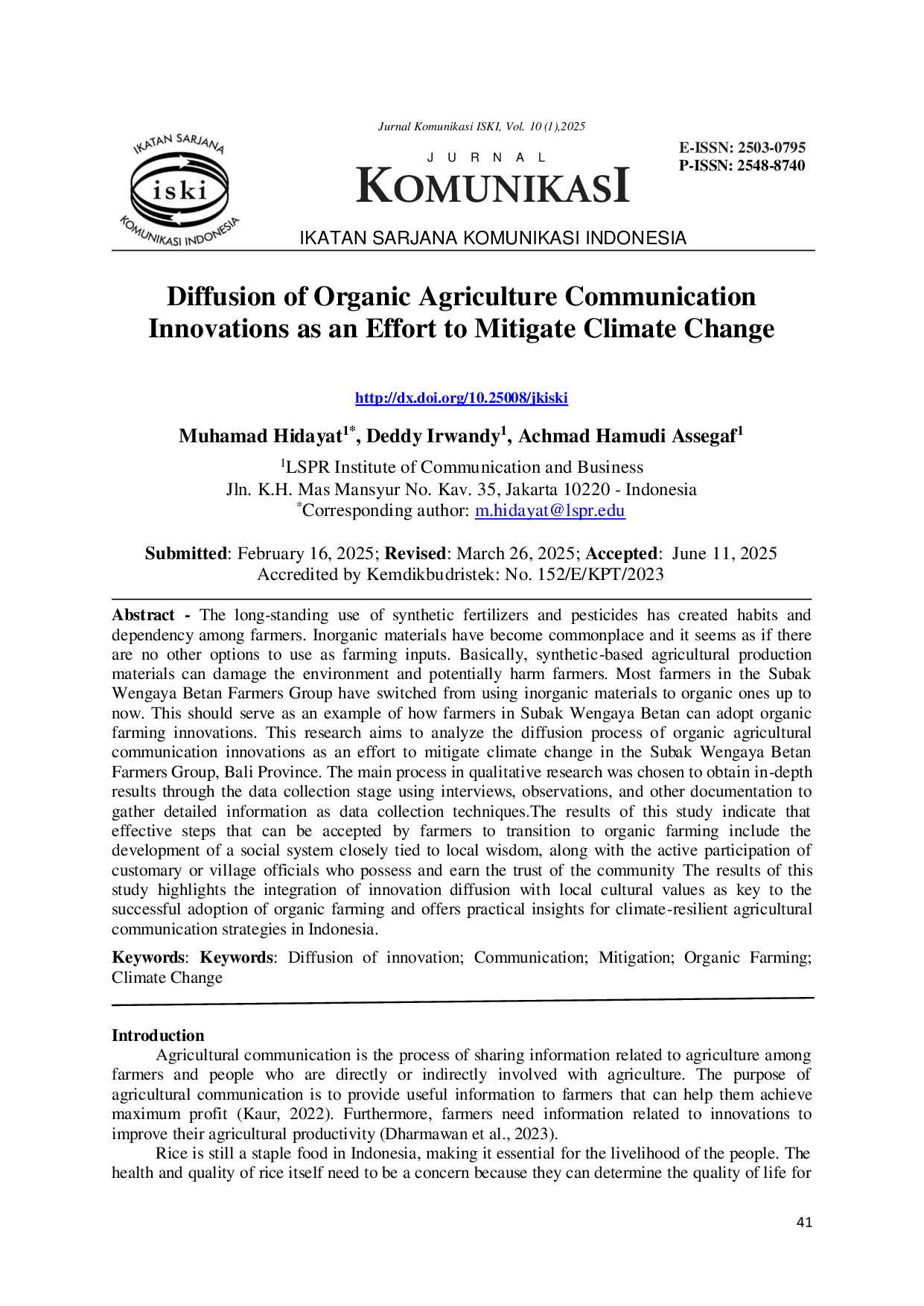 JURIS Diffusion of Organic Agriculture Communication Innovations as an Effort to Mitigate Climate Change