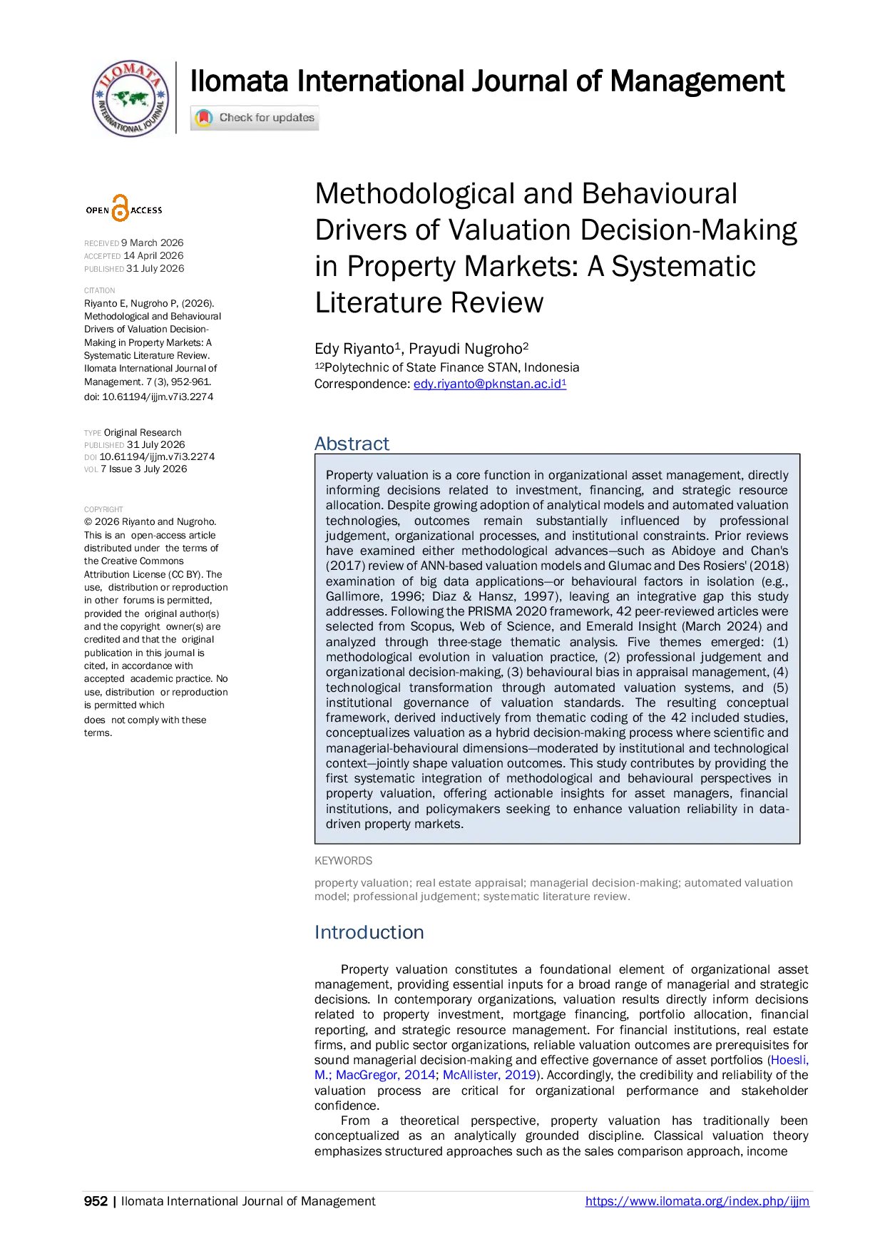 JURIS Methodological and Behavioural Drivers of Valuation Decision Making in Property Markets A Systematic Literature Review