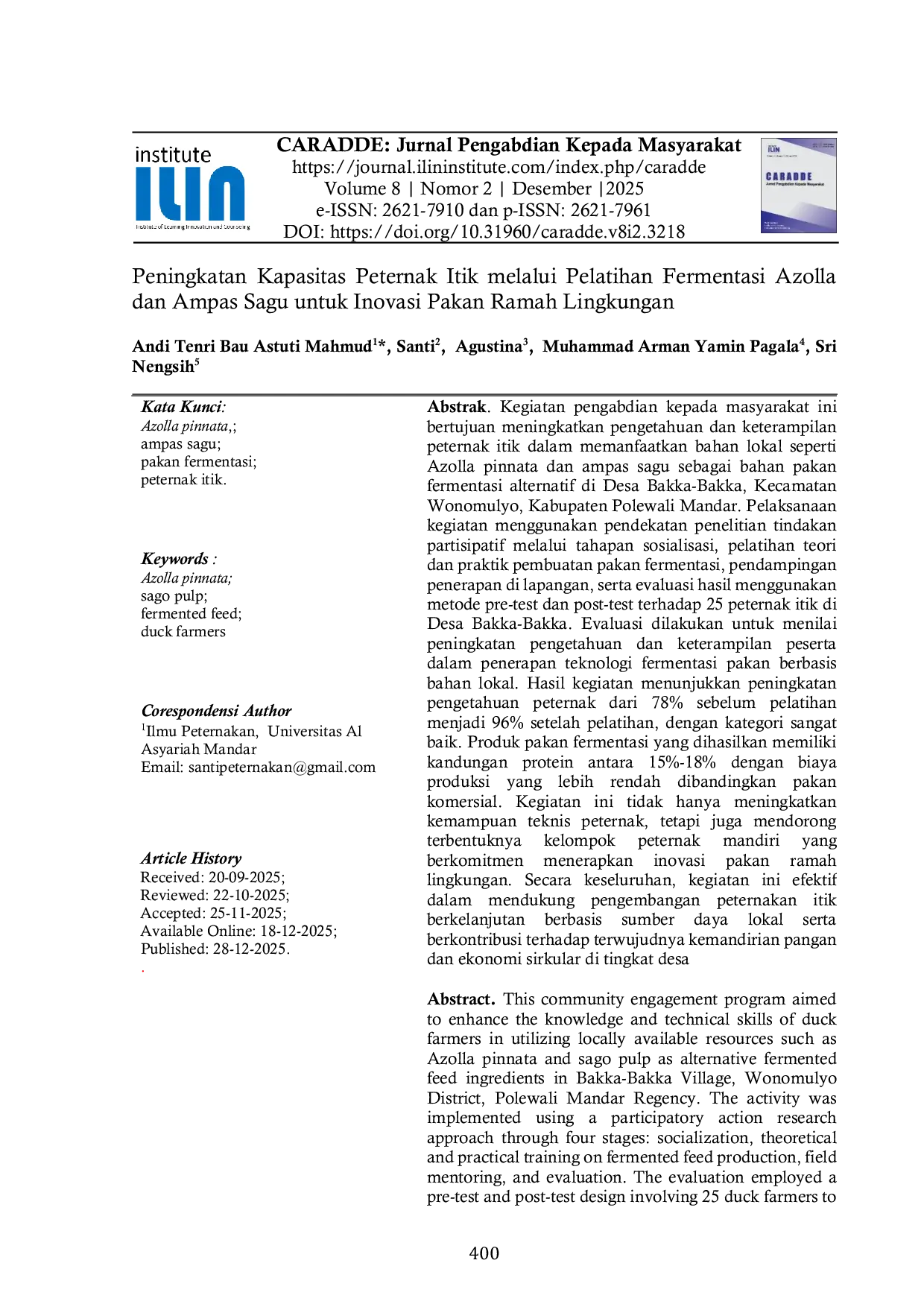 JURIS Peningkatan Kapasitas Peternak Itik melalui Pelatihan Fermentasi Azolla dan Ampas Sagu untuk Inovasi Pakan Ramah Lingkungan
