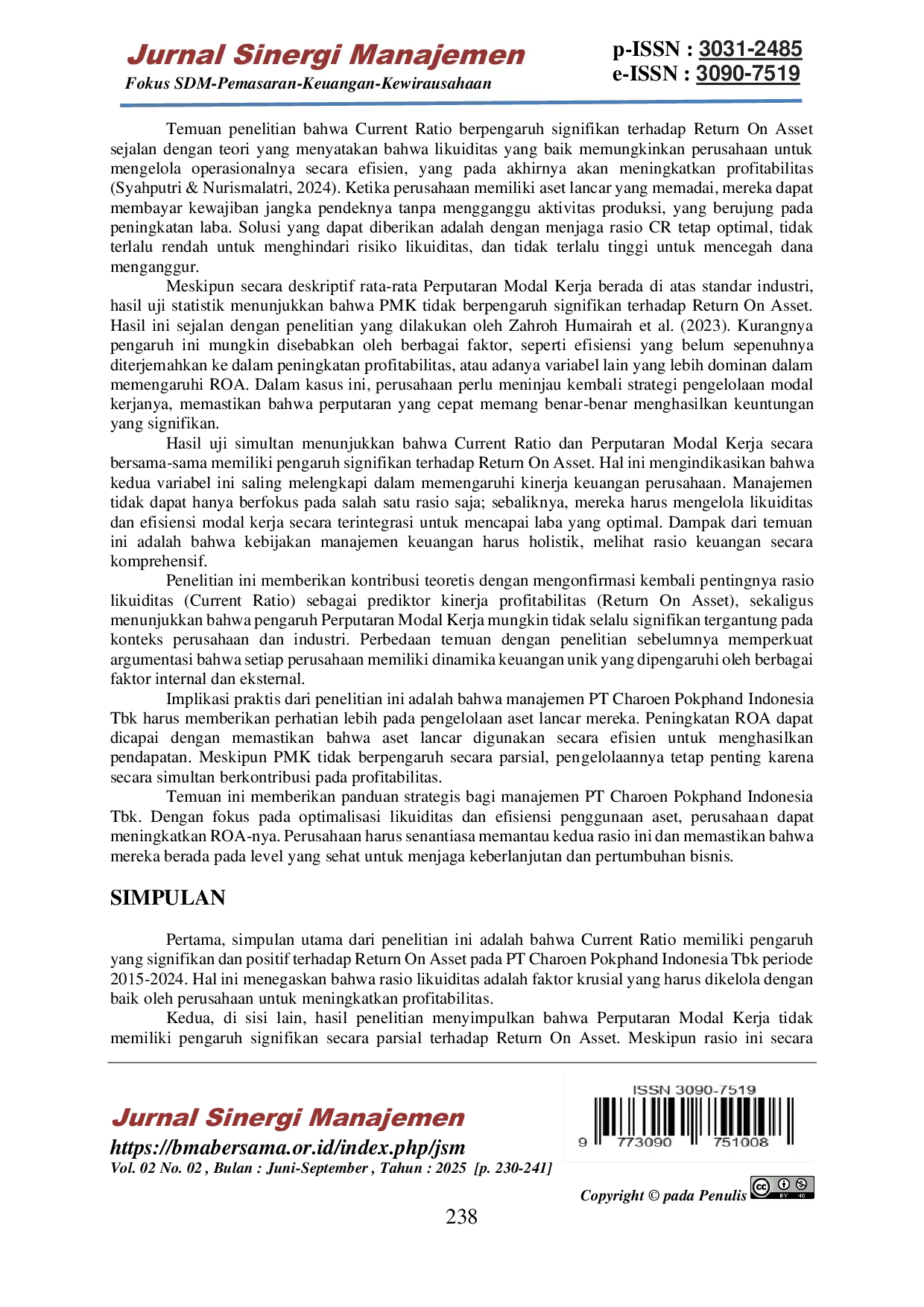 JURIS Pengaruh Current Ratio dan Perputaran Modal Kerja terhadap Return On Asset pada PT Charoen Pokphand Indonesia Tbk Periode 2015 2024