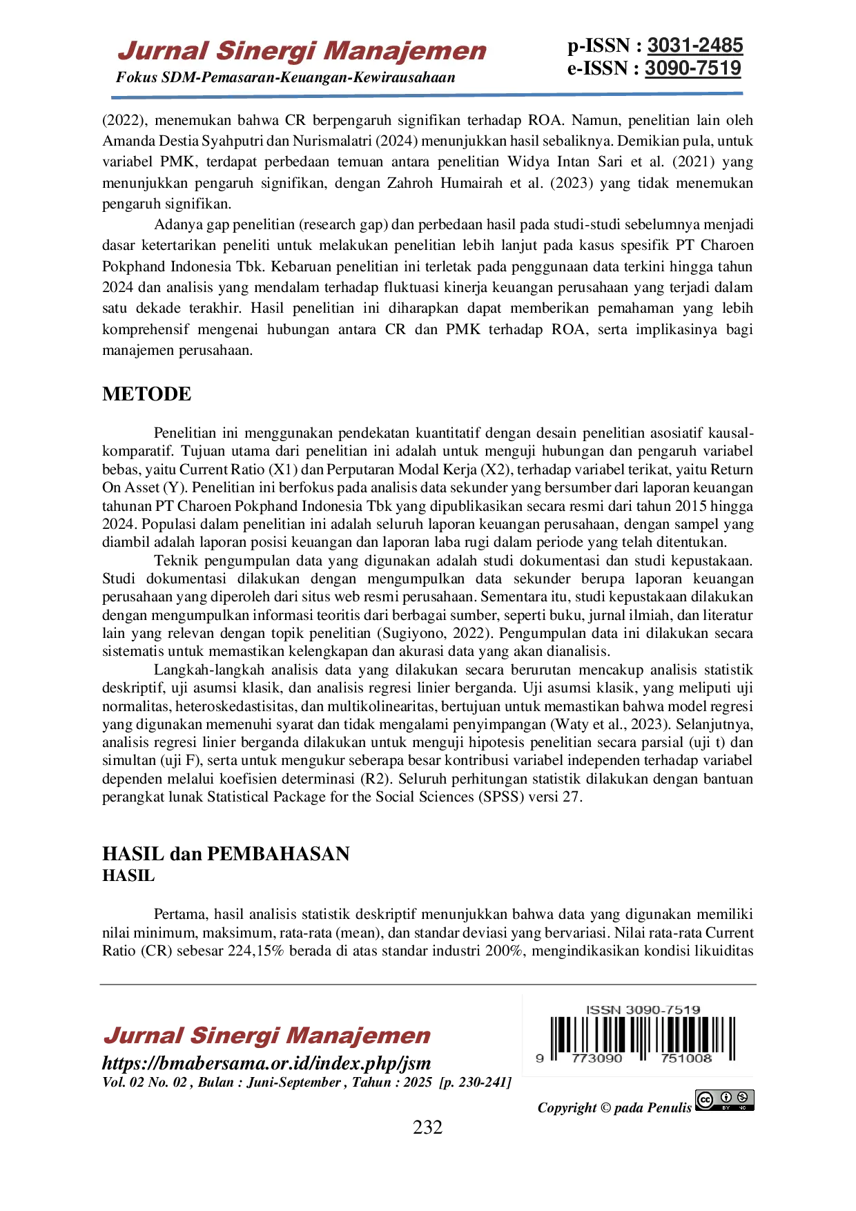 JURIS Pengaruh Current Ratio dan Perputaran Modal Kerja terhadap Return On Asset pada PT Charoen Pokphand Indonesia Tbk Periode 2015 2024