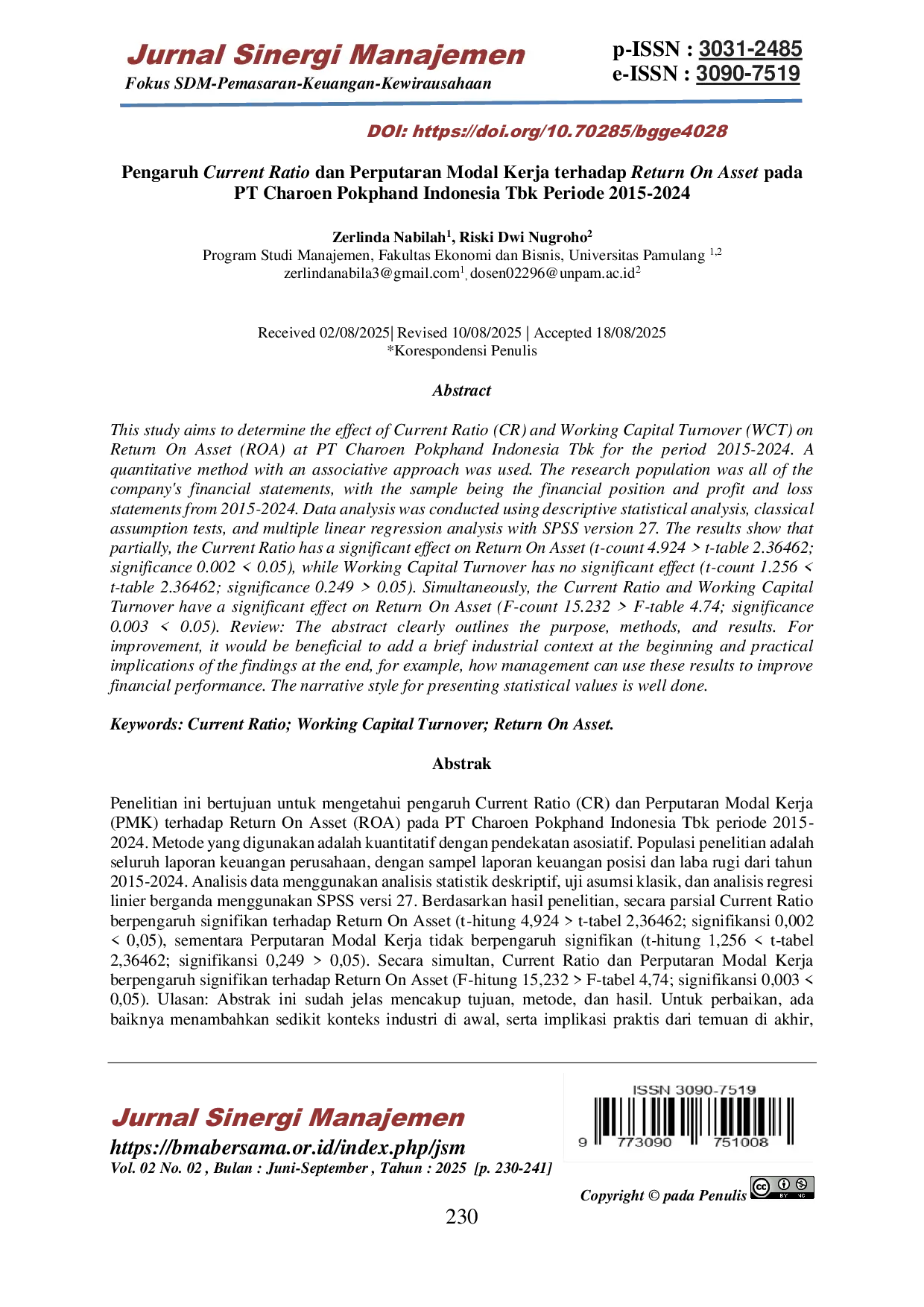 JURIS Pengaruh Current Ratio dan Perputaran Modal Kerja terhadap Return On Asset pada PT Charoen Pokphand Indonesia Tbk Periode 2015 2024