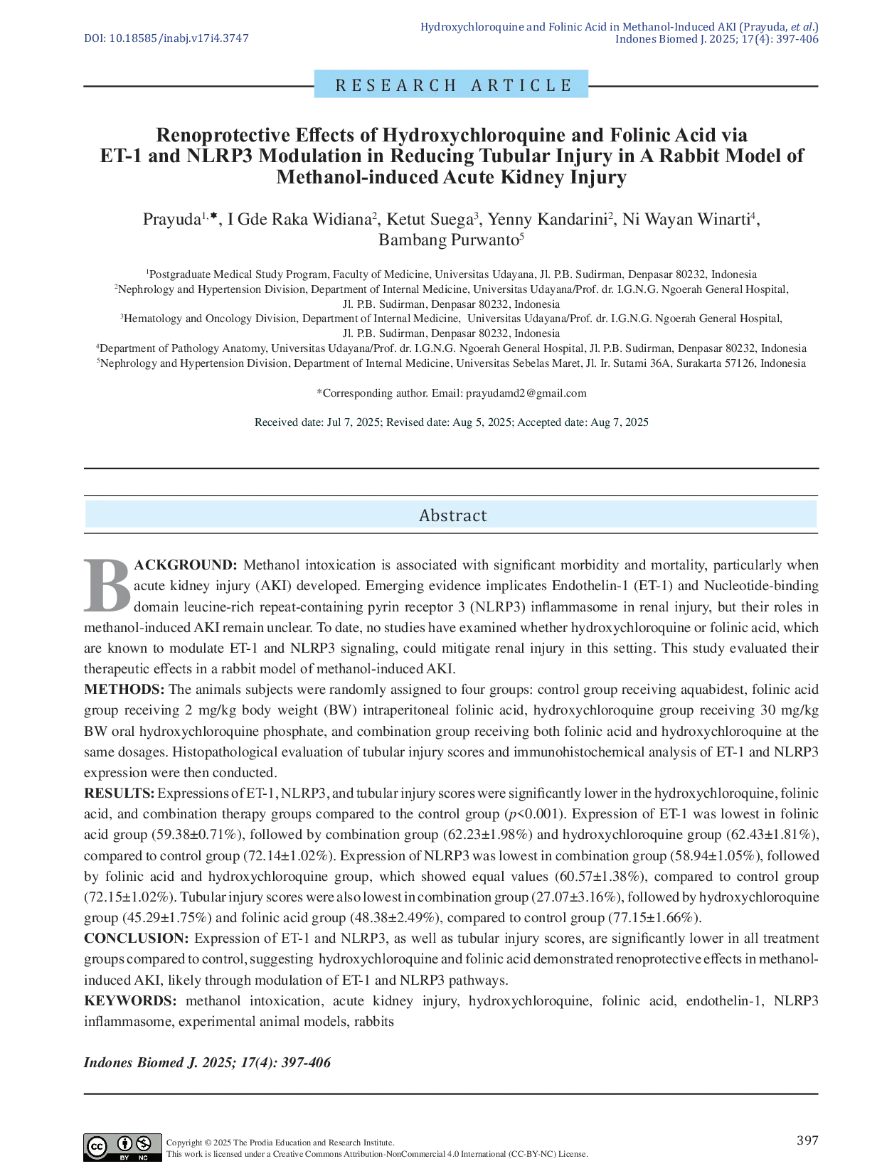 JURIS Renoprotective Effects of Hydroxychloroquine and Folinic Acid via ET 1 and NLRP3 Modulation in Reducing Tubular Injury in A Rabbit Model of Methanol induced Acute Kidney Injury