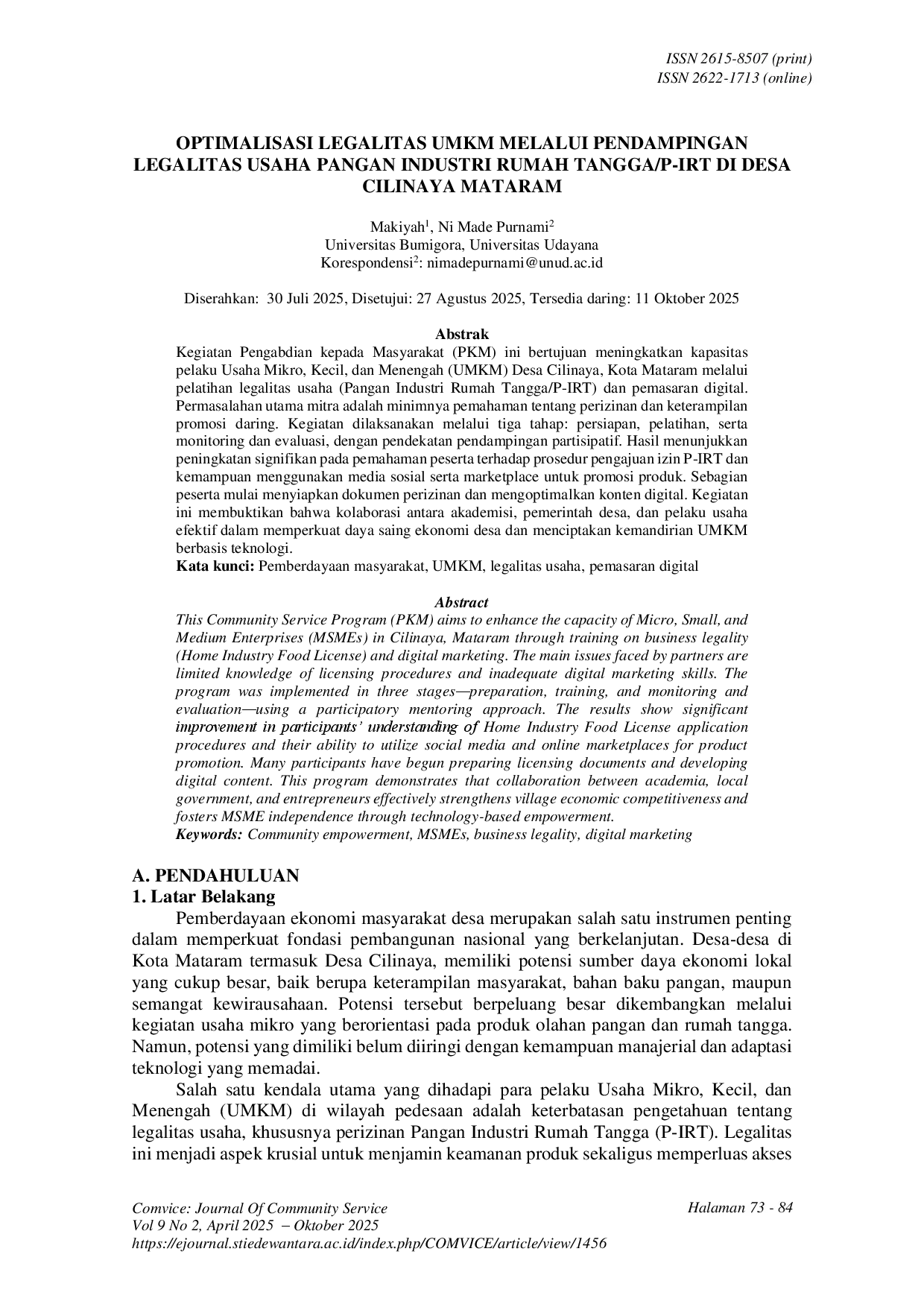 juris Optimalisasi Legalitas UMKM Melalui Pendampingan Legalitas Usaha Pangan Industri Rumah Tangga P Irt Di Desa Cilinaya Mataram