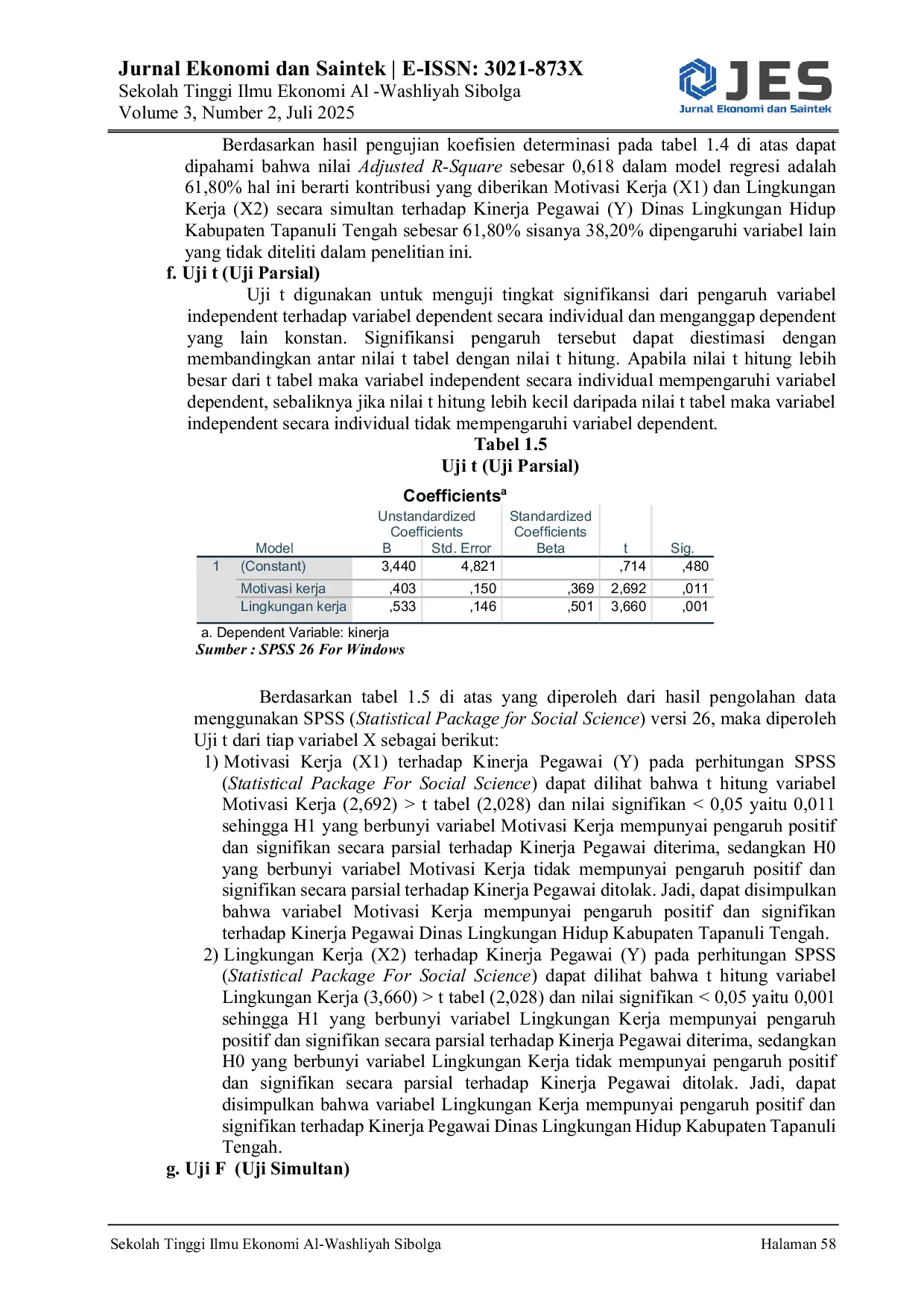 JURIS Pengaruh Motivasi Kerja Dan Lingkungan Kerja Terhadap Kinerja Pegawai Dinas Lingkungan Hidup Kabupaten Tapanuli Tengah