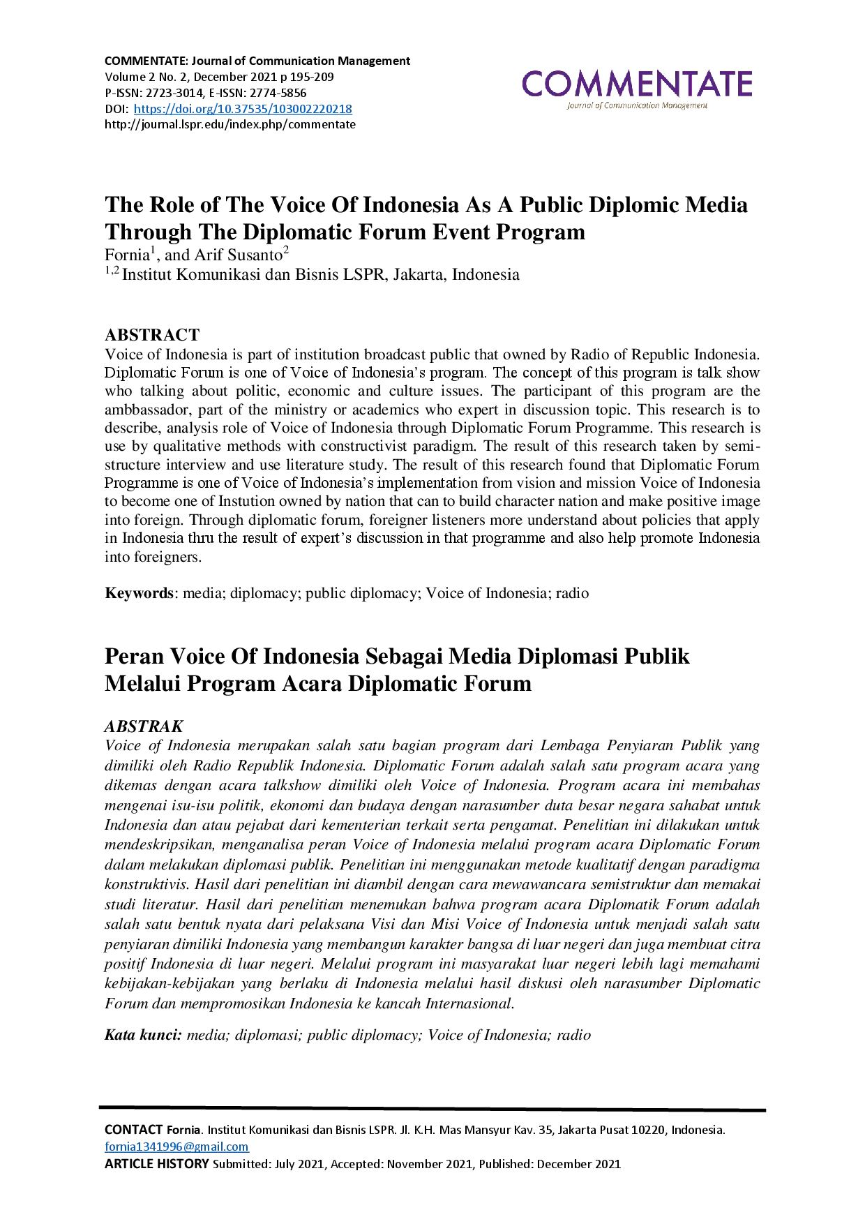 JURIS The Role of The Voice of Indonesia As A Public Diplomic Media Through The Diplomatic Forum Event Program