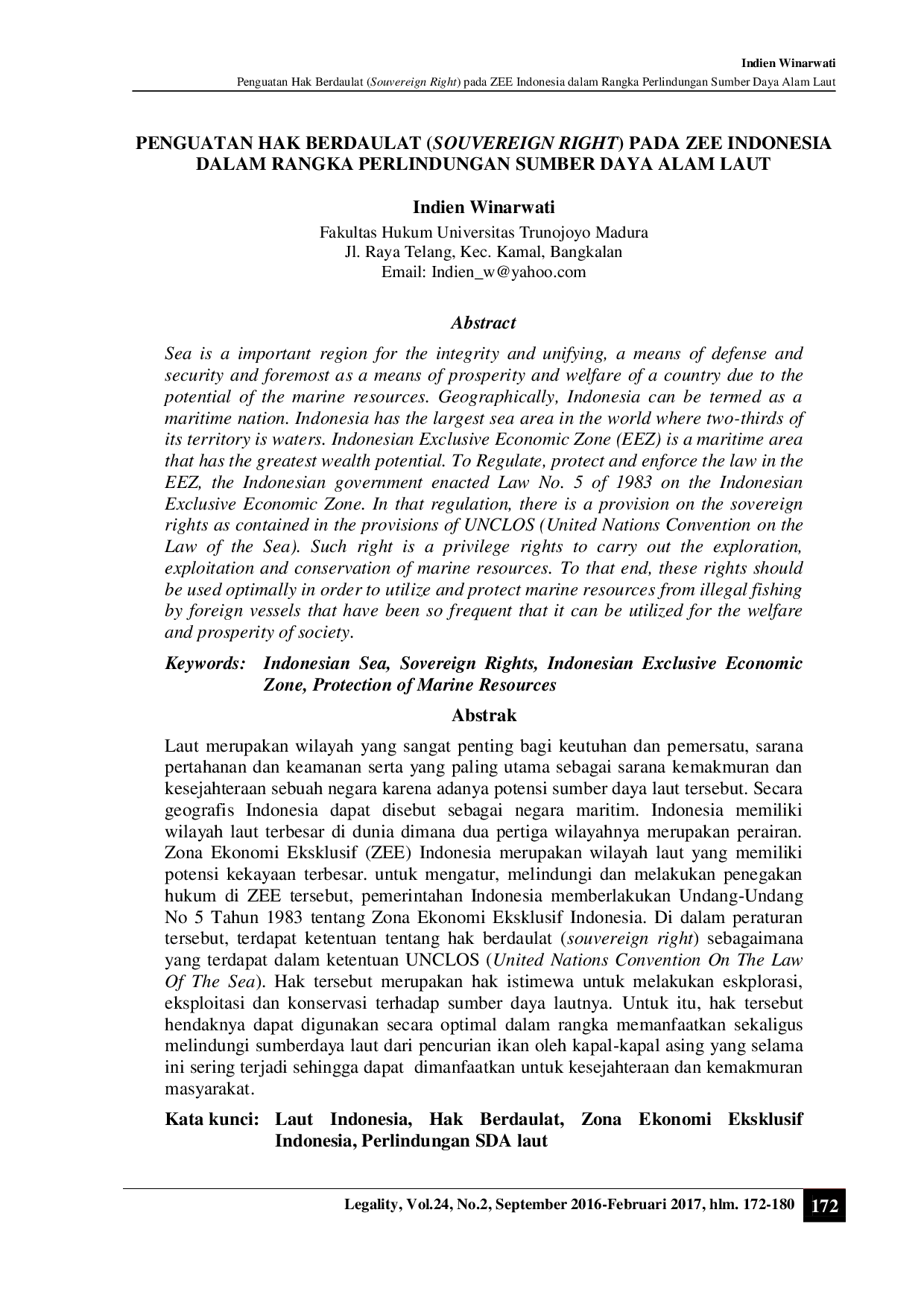 juris Penguatan Hak Berdaulat Souvereign Right Pada ZEE Indonesia Dalam Rangka Perlindungan Sumber Daya Alam Laut