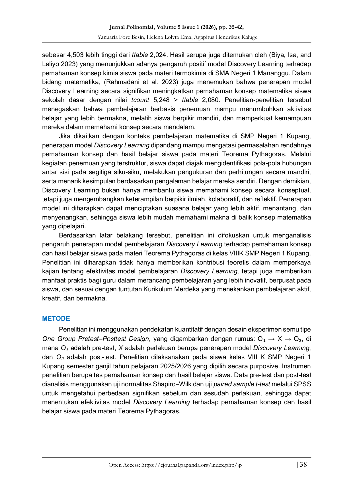 JURIS Pengaruh Model Pembelajaran Discovery Learning Terhadap Pemahaman Konsep dan Hasil Belajar Siswa pada Materi Teorema Pythagoras