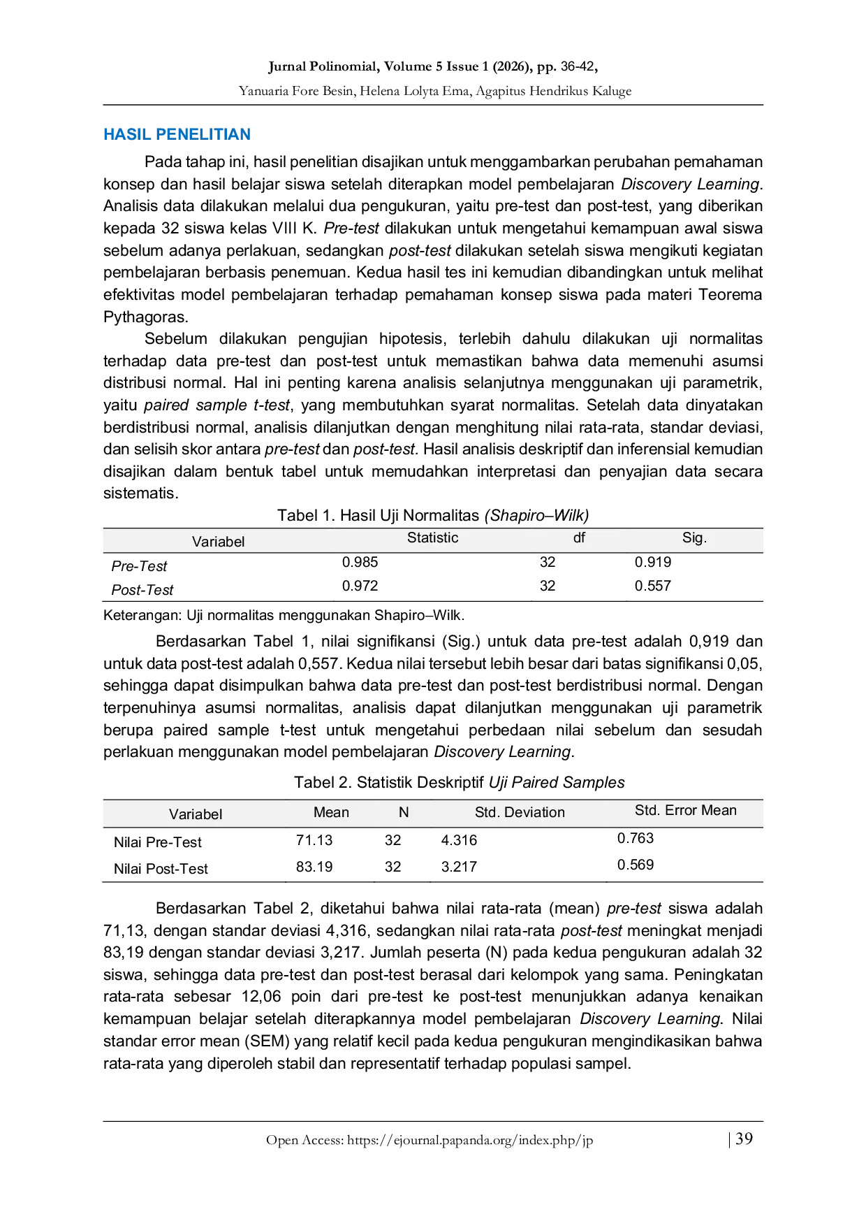 JURIS Pengaruh Model Pembelajaran Discovery Learning Terhadap Pemahaman Konsep dan Hasil Belajar Siswa pada Materi Teorema Pythagoras