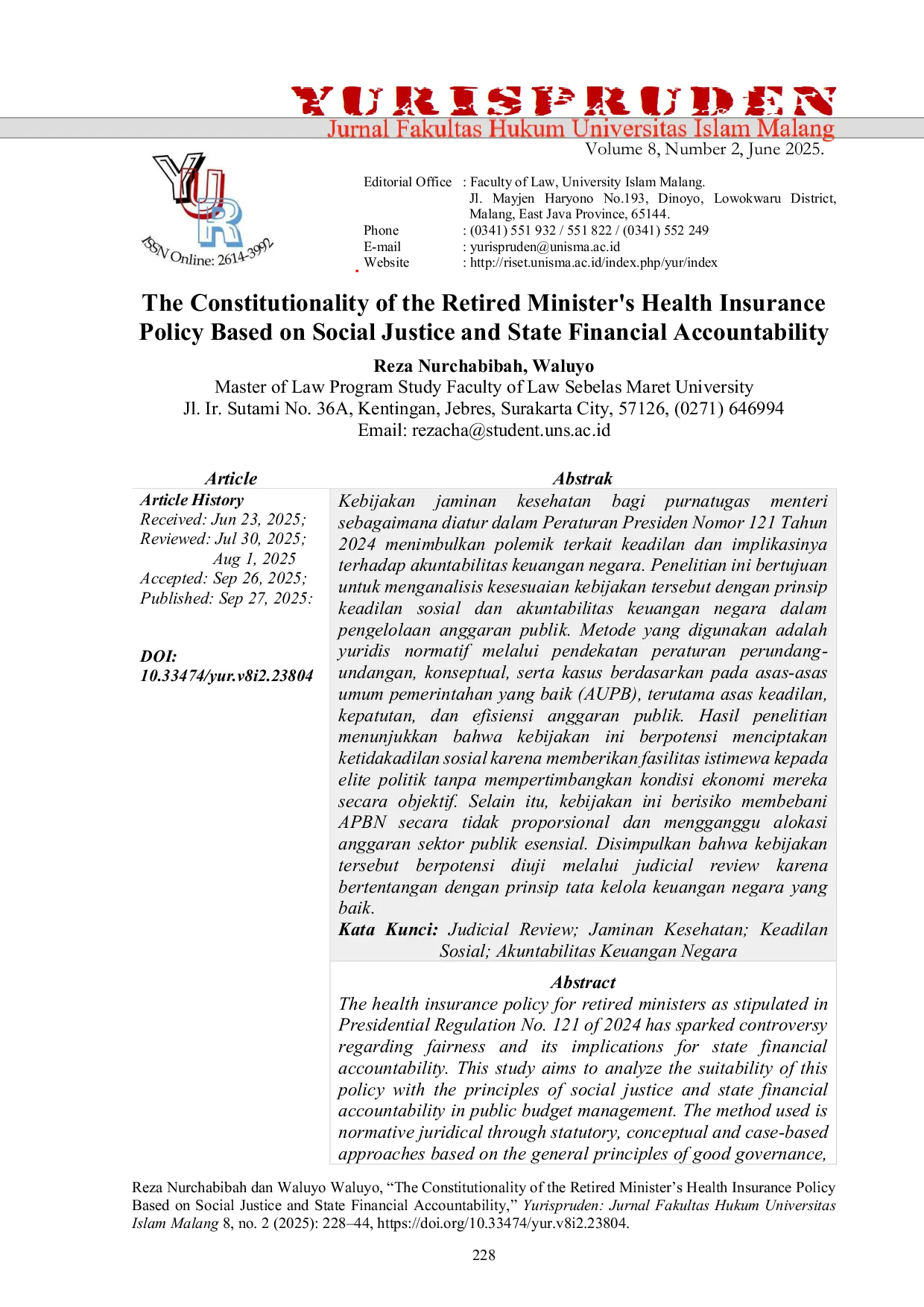 JURIS Konstitusionalitas Kebijakan Asuransi Kesehatan Menteri Pensiunan Berdasarkan Keadilan Sosial dan Akuntabilitas Keuangan Negara