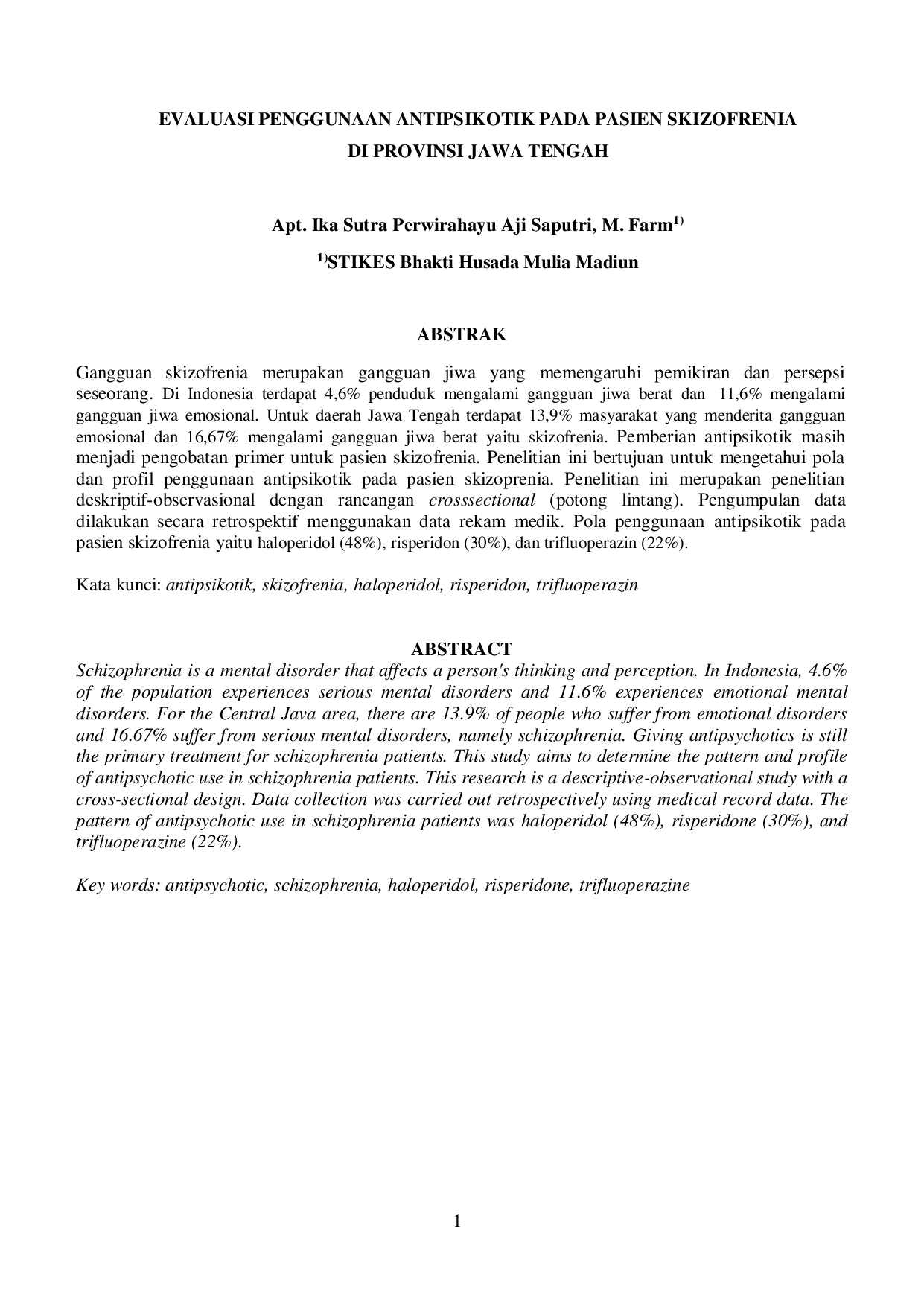 JURIS Evaluasi Penggunaan Antipsikotik Pada Pasien Skizofrenia Di Provinsi Jawa Tengah