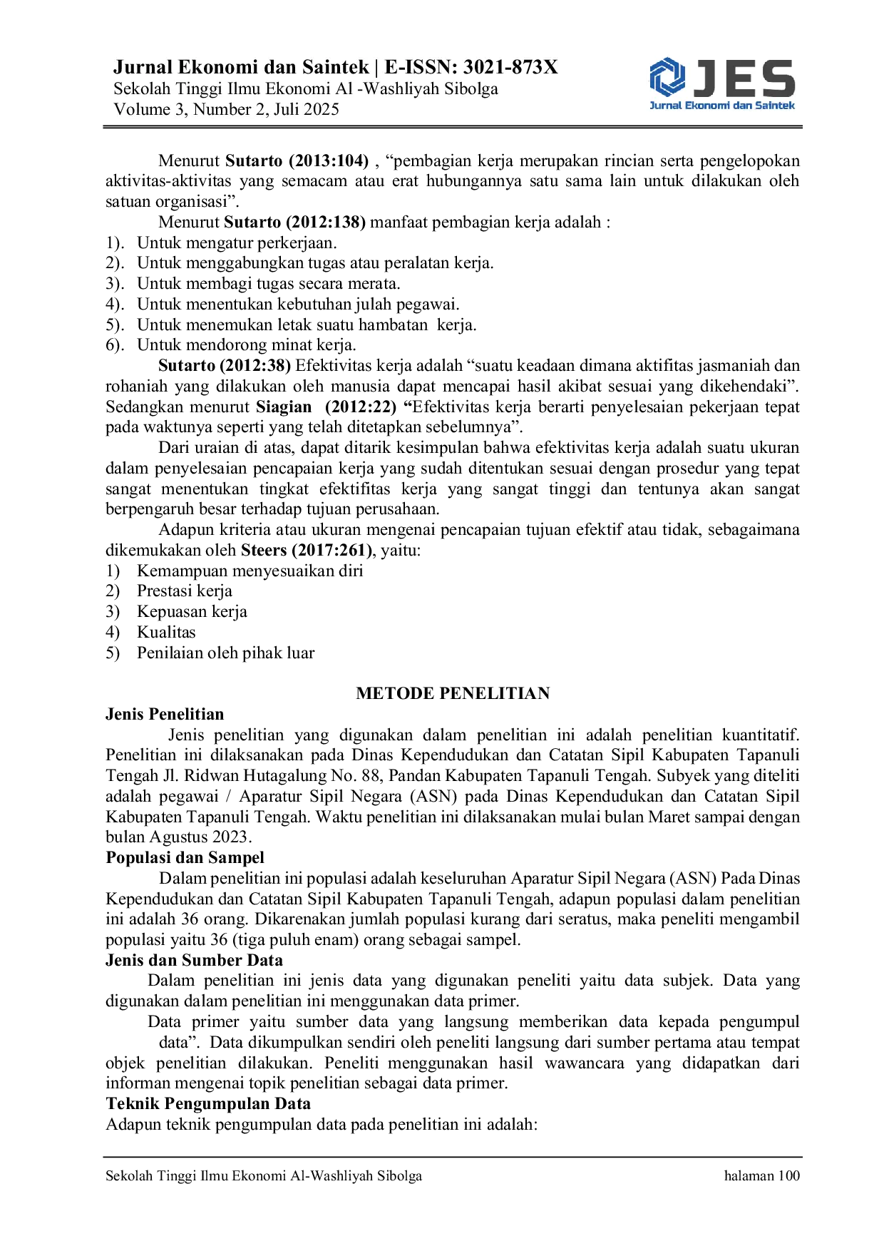 JURIS Koordinasi Dan Pembagian Kerja Terhadap Efektivitas Kerja Pegawai Pada Dinas Kependudukan Dan Catatan Sipil Kabupaten Tapanuli Tengah