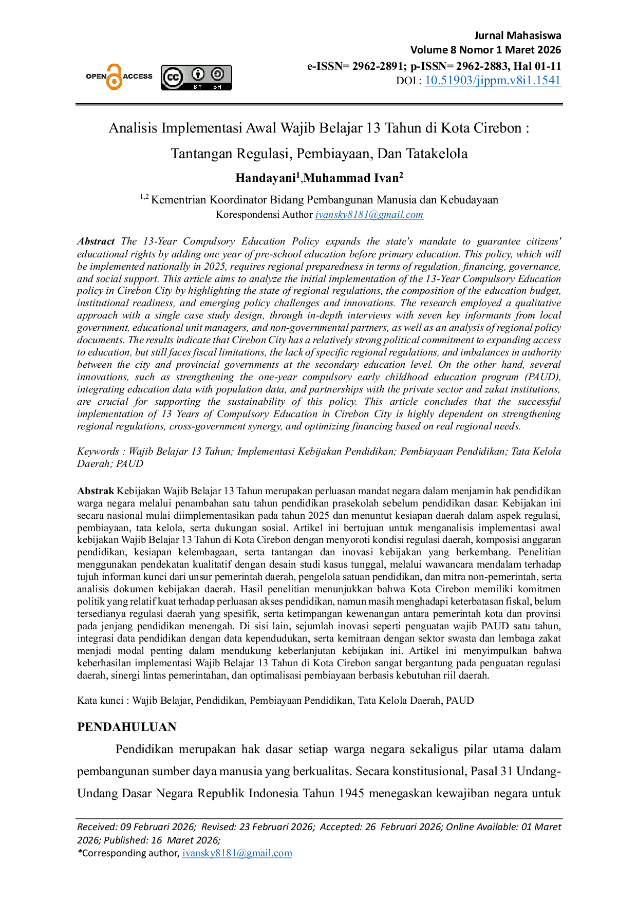 JURIS Analisis Implementasi Awal Wajib Belajar 13 Tahun di Kota Cirebon Tantangan Regulasi Pembiayaan dan Tata Kelola